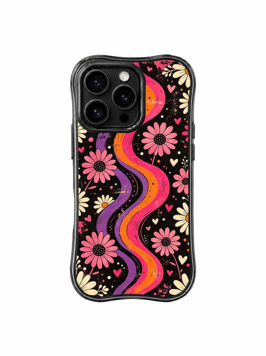 PhoneCasing iPhone 16 pro Case with nostalgic retro poster tangerine swirl daisy and tiny heart graphics, Ruby Daze warm romantic pop art, California-made wavy black phone cover.