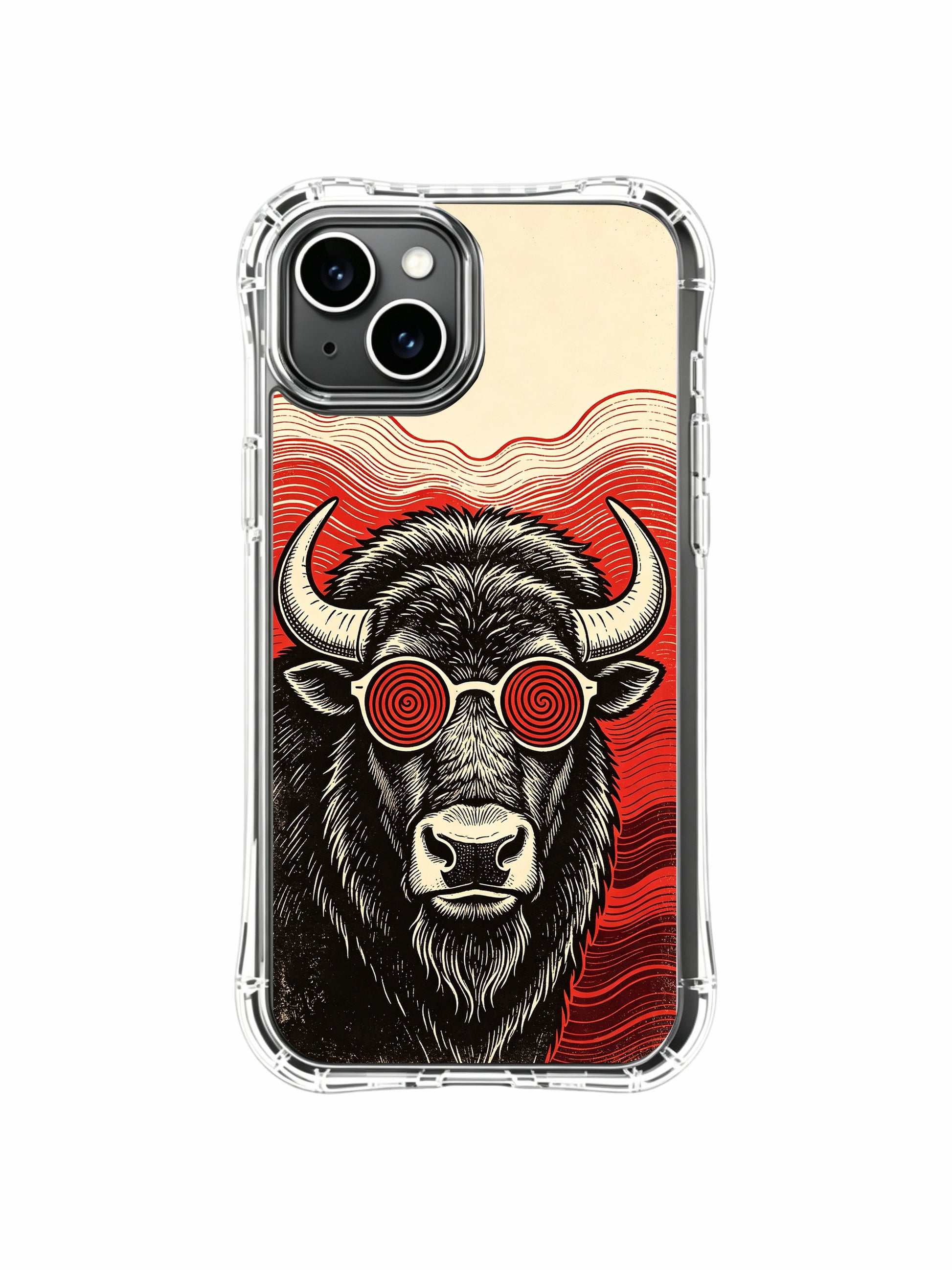Aged vintage paper textured bison illustration on PhoneCasing iPhone 13 Case, limited-run Rufus Vale collab gallery quality wearable art phone case.