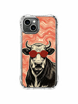 Authentic vintage screen print textured hypnotic cow art decorates PhoneCasing iPhone 13 Case, officially licensed Rufus Vale collab collectible phone case produced within US local California atelier.
