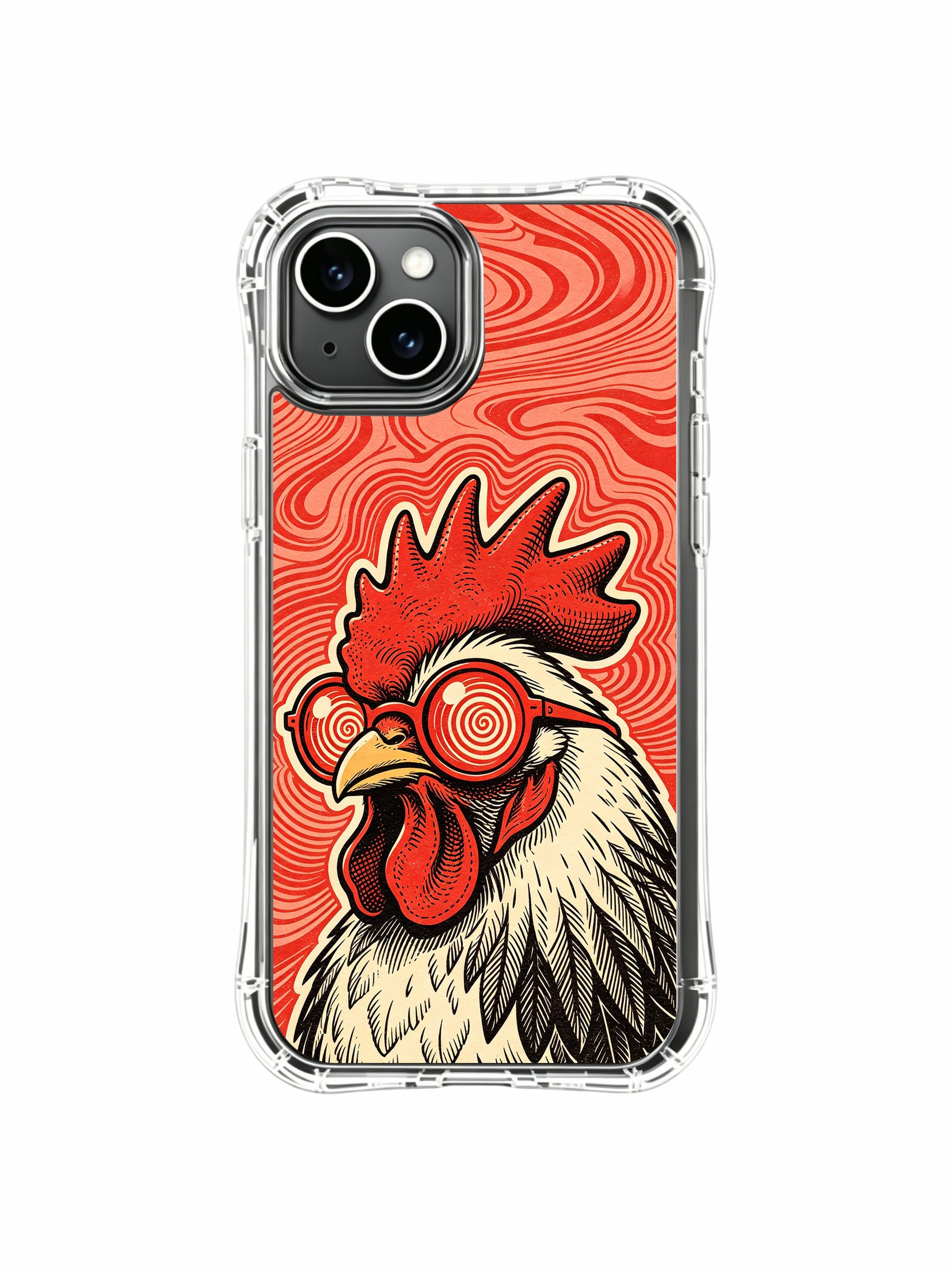 Aged vintage screen print textured red morning rooster art decorates PhoneCasing iPhone 13 Case, officially licensed scratch-proof collectible phone casing locally produced in California.