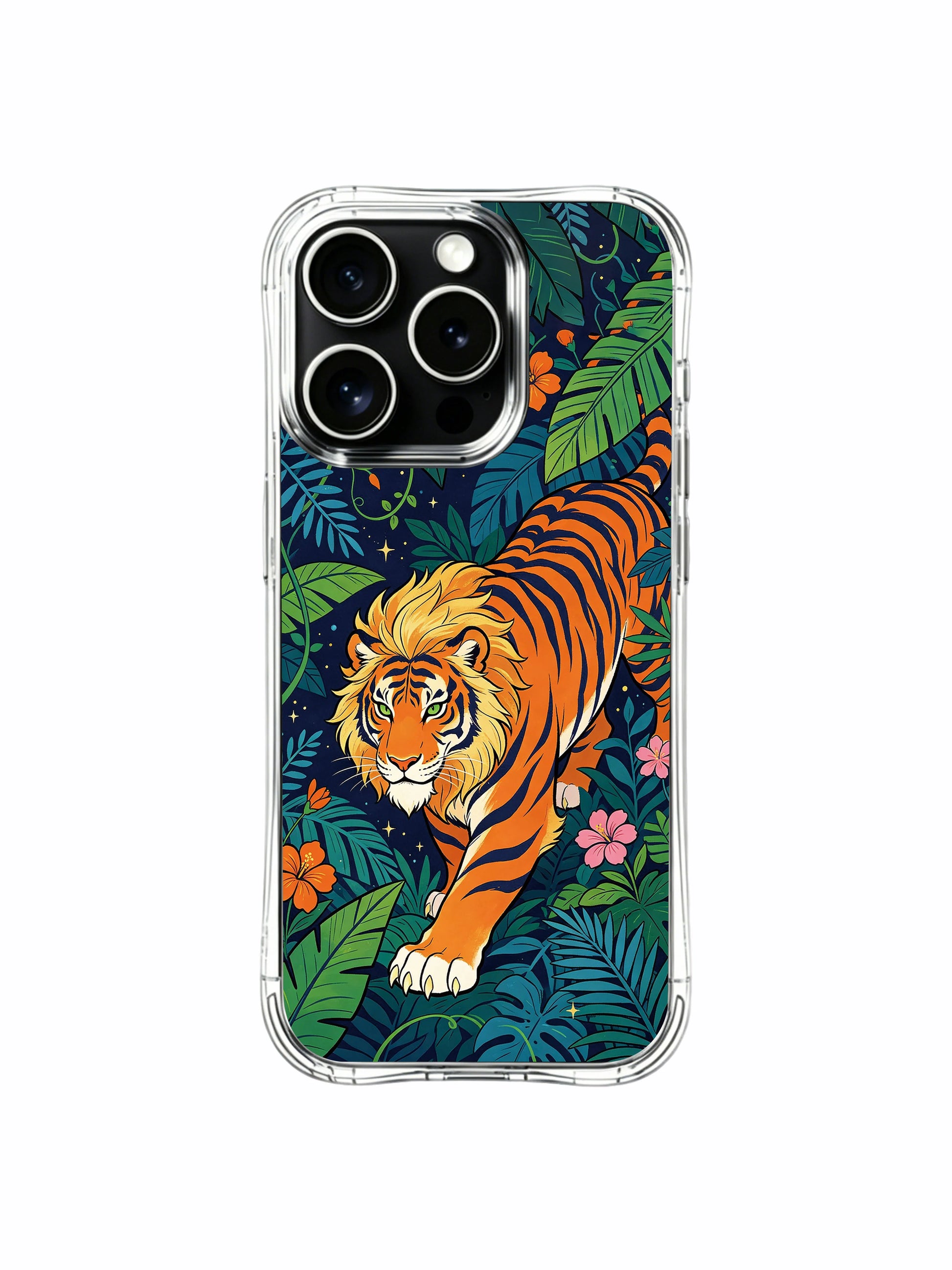 Retro botanical art PhoneCasing iPhone 13 pro Case, anti-drop clear phone casing with Elias Nocturne’s vivid orange wild tiger artwork surrounded by assorted tropical flowers and winding vines, fashionable iPhone 13 pro cover.