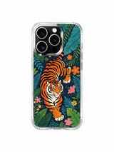 Retro vintage styled enchanted closed tropical garden noble guardian tiger artwork iPhone 13 pro Case from PhoneCasing, UV-printed transparent iPhone 13 pro casing, classic wilderness-symbol collectible phone cover.