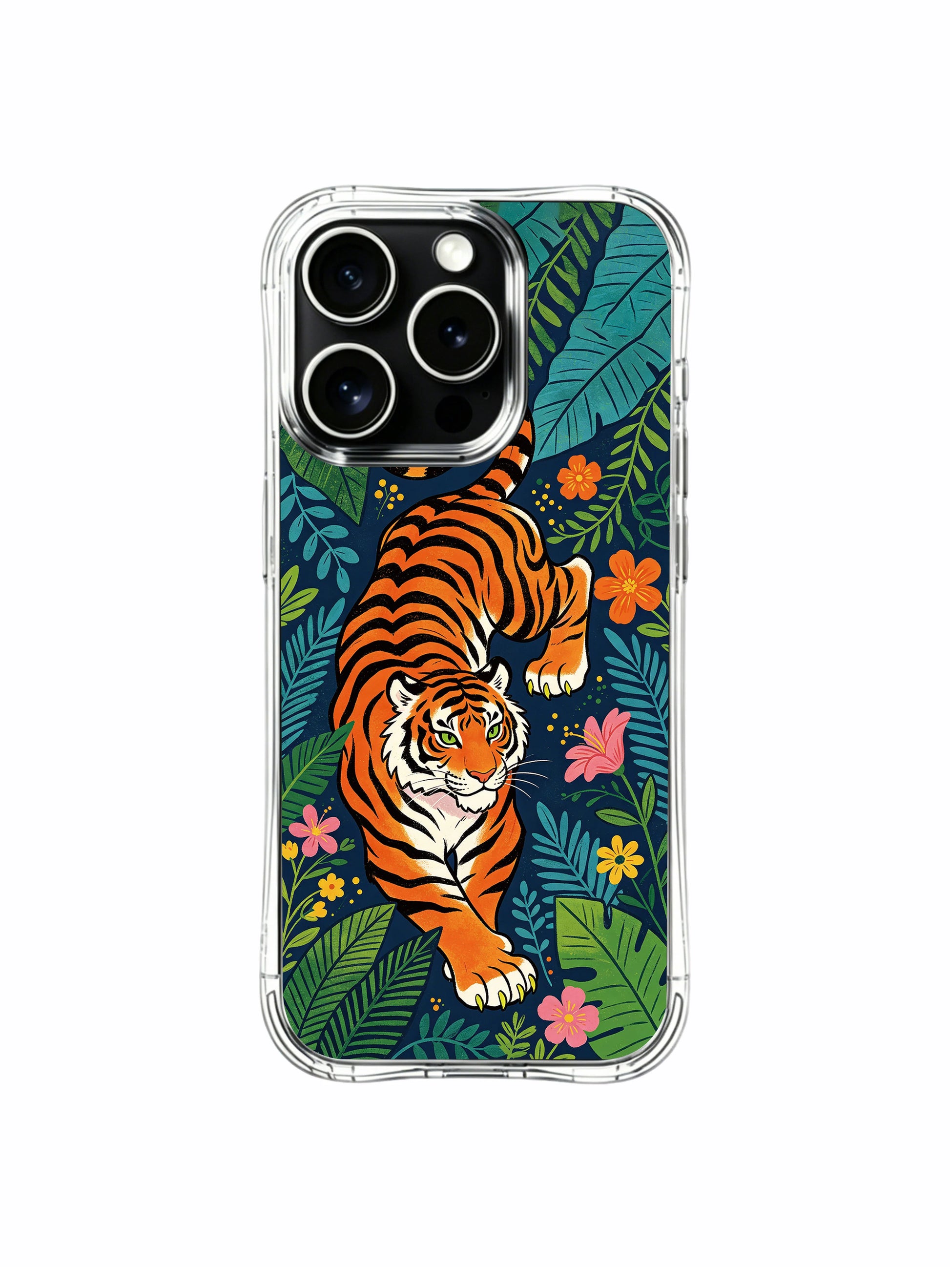 Retro vintage styled enchanted closed tropical garden noble guardian tiger artwork iPhone 13 pro Case from PhoneCasing, fade-proof transparent iPhone 13 pro casing, classic wilderness-symbol collectible phone cover.
