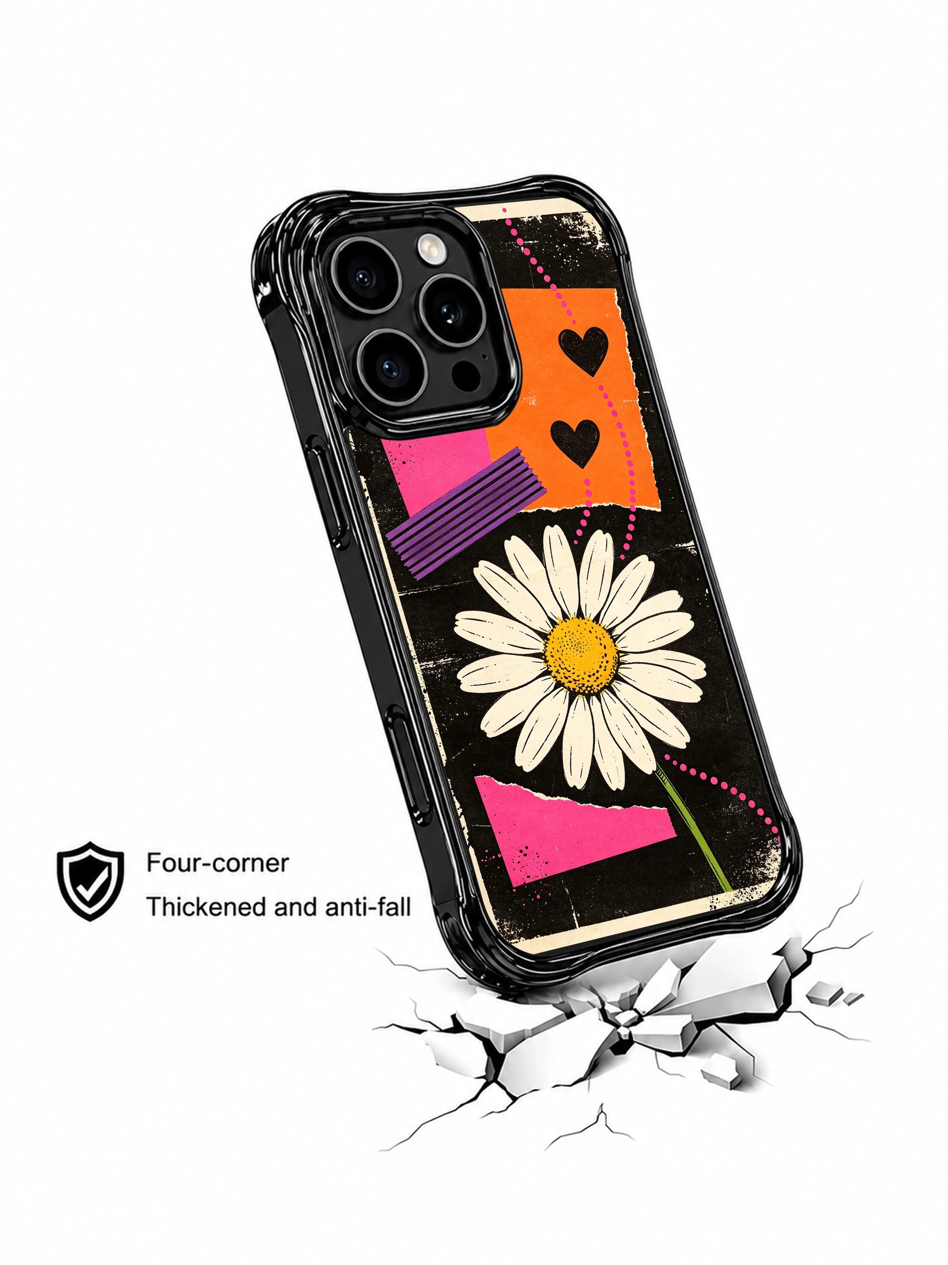 PhoneCasing iPhone 16 pro Case with gritty weathered city wall collage daisy tape heart dot graphics blending unapologetic upbeat confidence and raw worn print texture, Ruby Daze free-spirited bold pop art, California made wavy black phone cover.