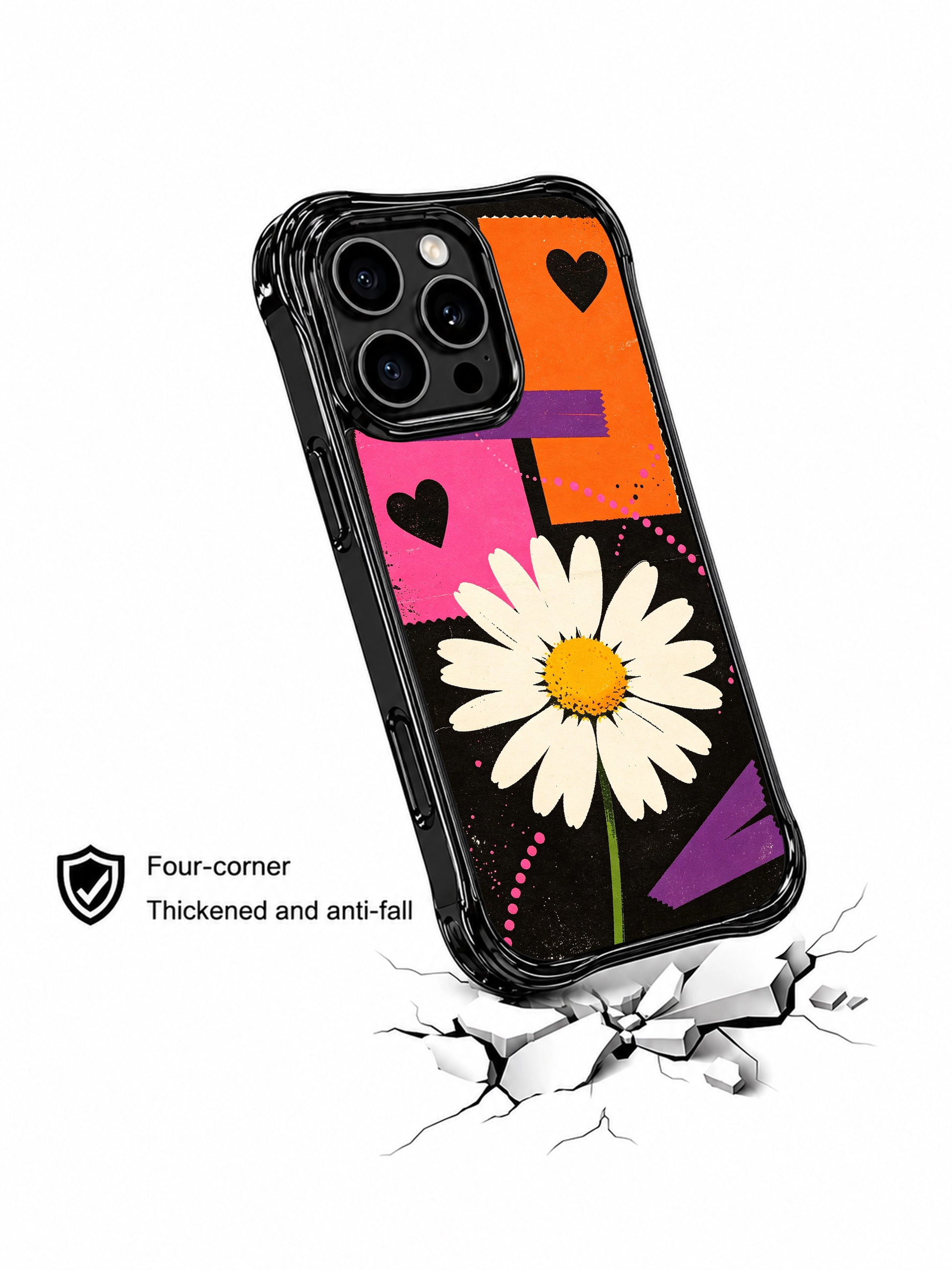 PhoneCasing iPhone 16 pro Case with gritty weathered city wall collage daisy tape heart dot graphics blending unapologetic upbeat confidence and raw worn print texture, Ruby Daze free-spirited bold pop art, California made wavy black phone cover.