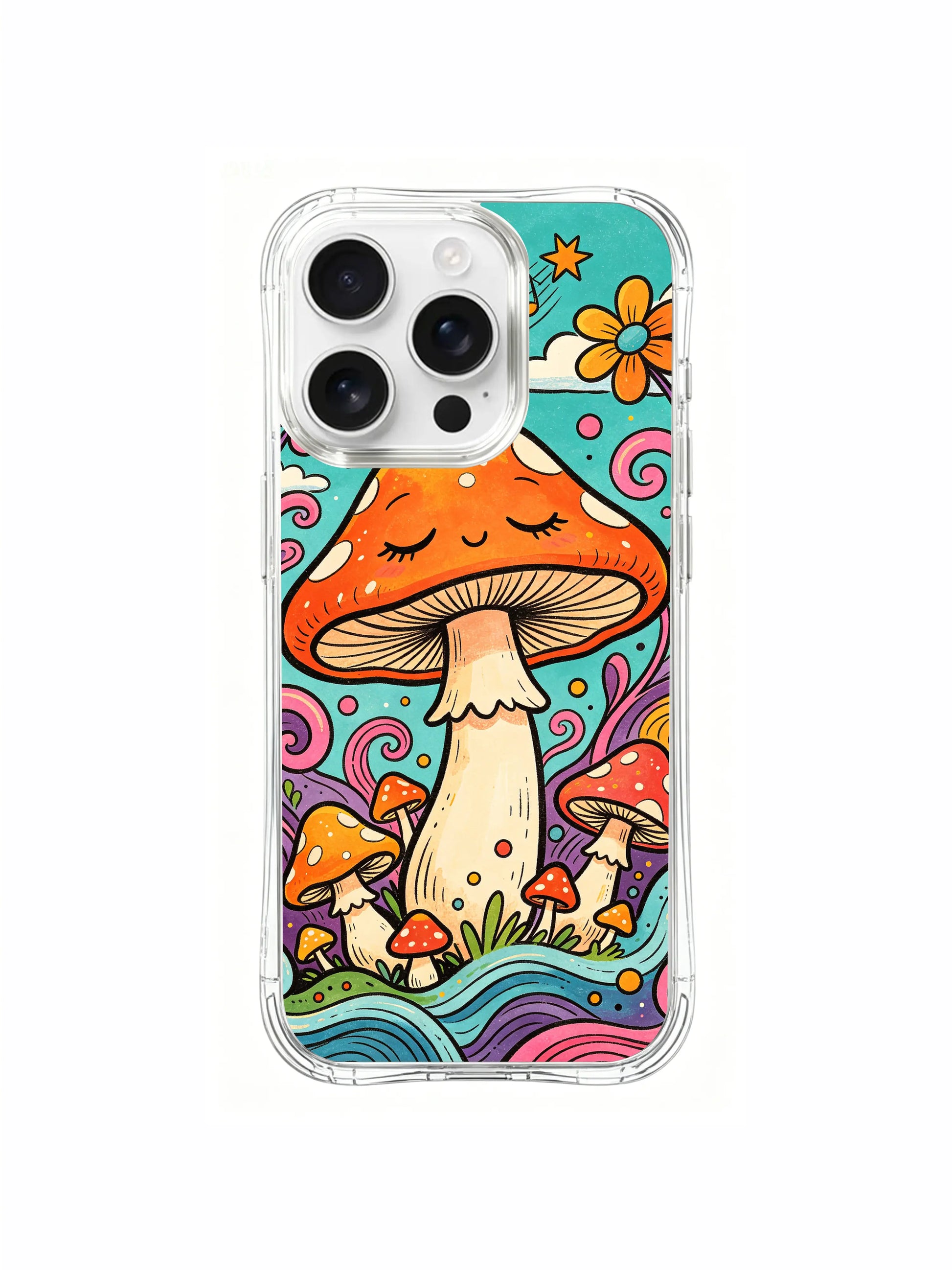 PhoneCasing iPhone 16 pro max Case, retro watercolor finish bespoke casing with textured primitive folk painting of napping orange mushroom and enchanted singing cloud dreamland, high-end California-made wearable art casing