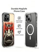 Classic woodcut print two-tone red wavy backdrop hippo illustration featured on PhoneCasing iPhone 13 Case, licensed premium art phone casing made in USA as unique retro collectible gift for vintage animal art fans.