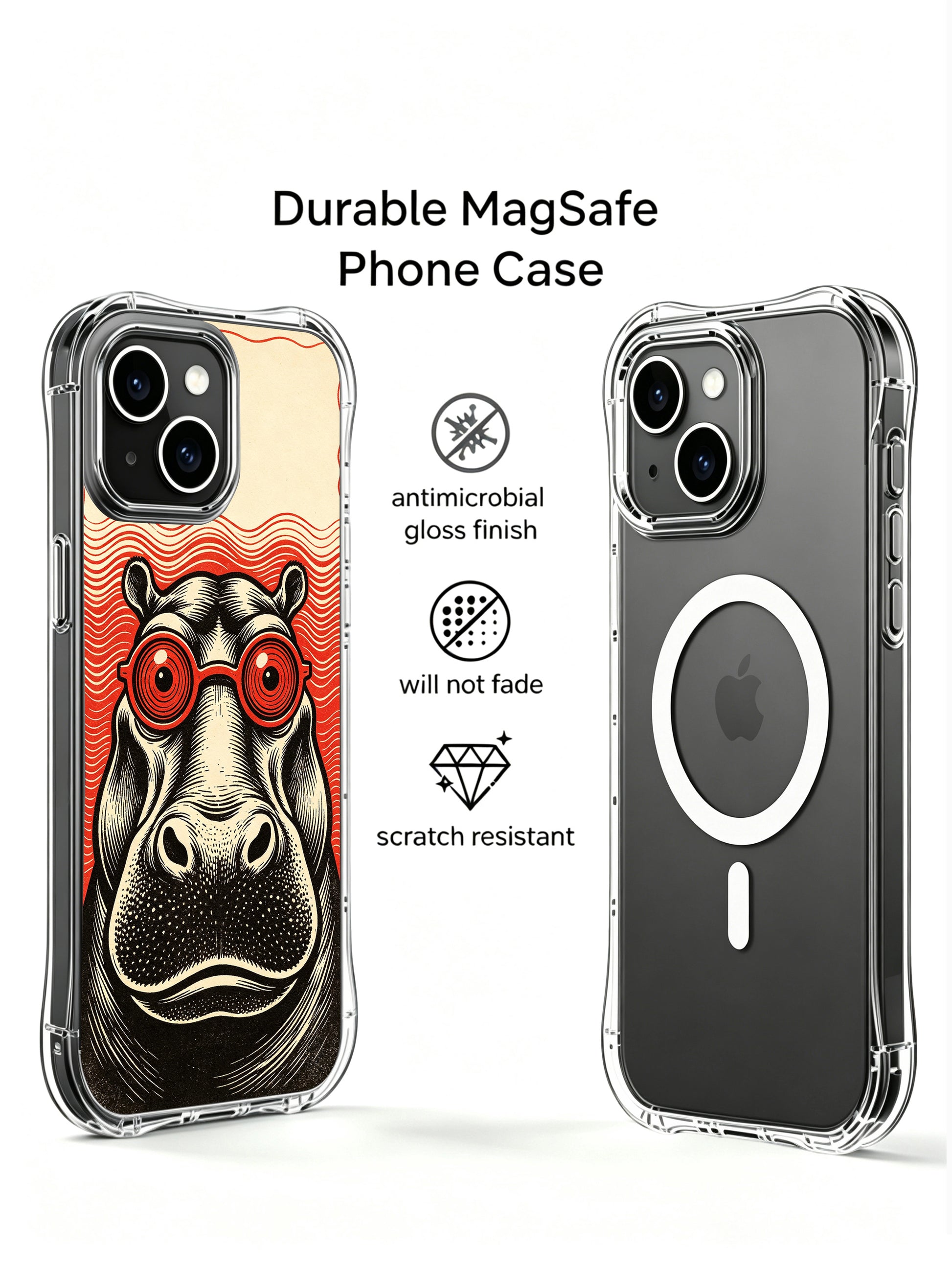 Classic woodcut print two-tone red wavy backdrop hippo illustration featured on PhoneCasing iPhone 13 Case, licensed premium art phone casing made in USA as unique retro collectible gift for vintage animal art fans.