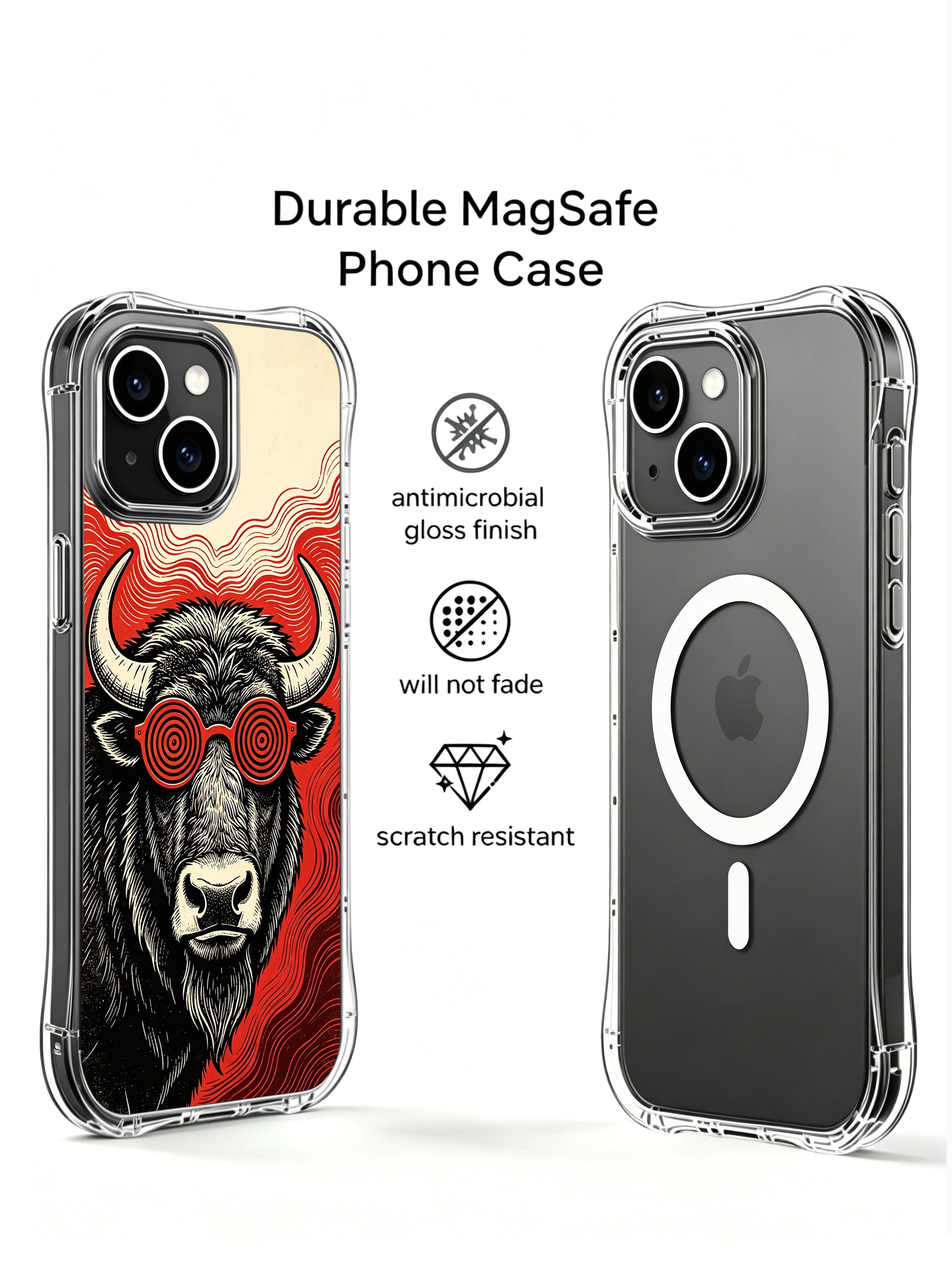Vintage woodcut psychedelic buffalo artwork decorates PhoneCasing iPhone 13 Case, curated limited-edition art phone cover made in USA as premium luxury gift for art-loving women.