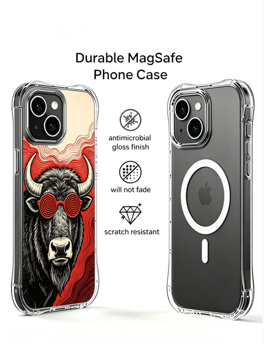 Vintage woodcut psychedelic buffalo artwork decorates PhoneCasing iPhone 13 Case, curated limited-edition art phone cover made in USA as premium luxury gift for art-loving women.