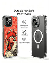 Woodcut-style rooster with red sound waves artwork on an iPhone 13 case