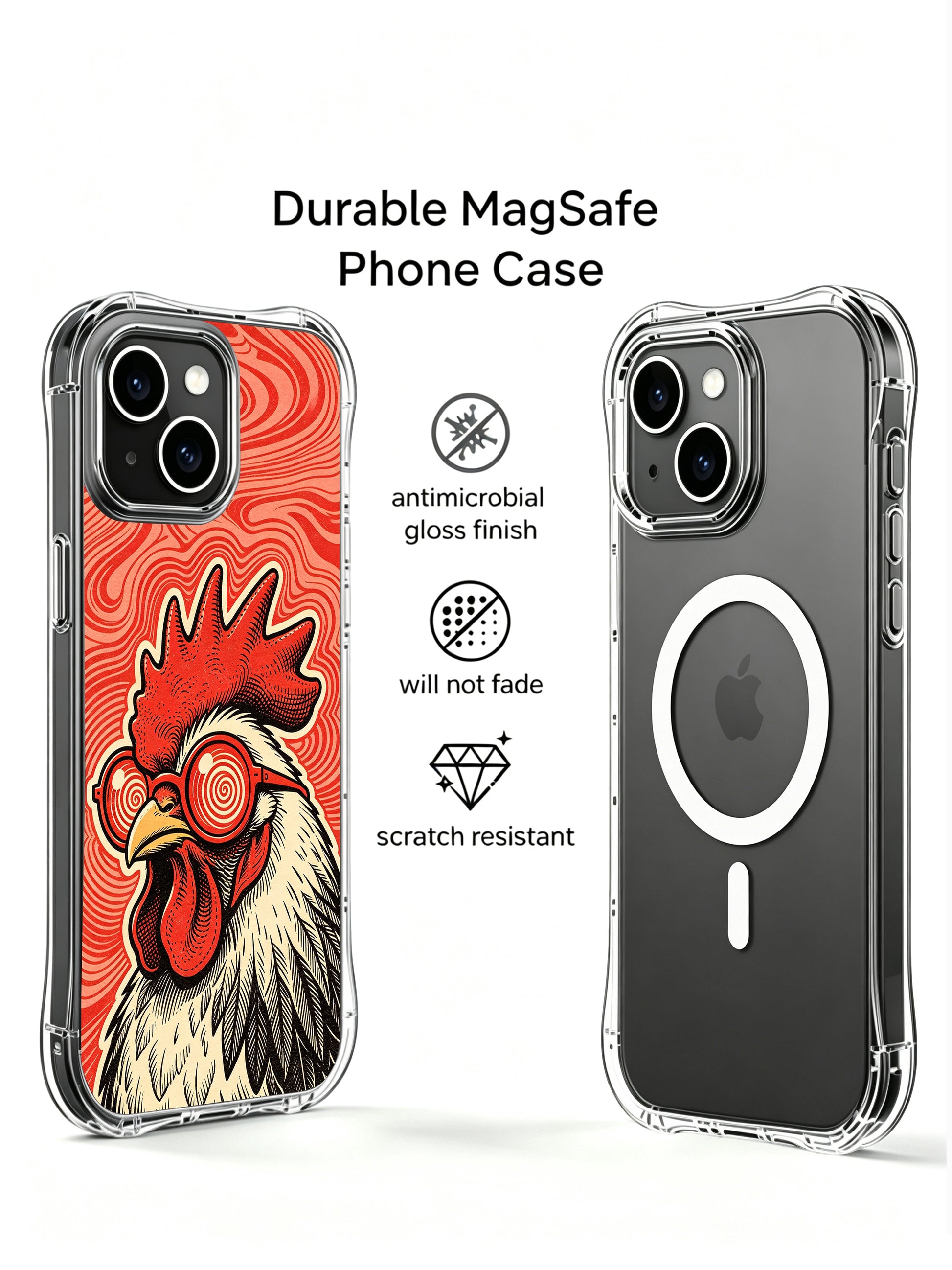 Vintage woodcut concert poster style rooster print featured on PhoneCasing iPhone 13 Case, licensed premium art phone casing made in USA as luxury collectible gift for retro music fans.