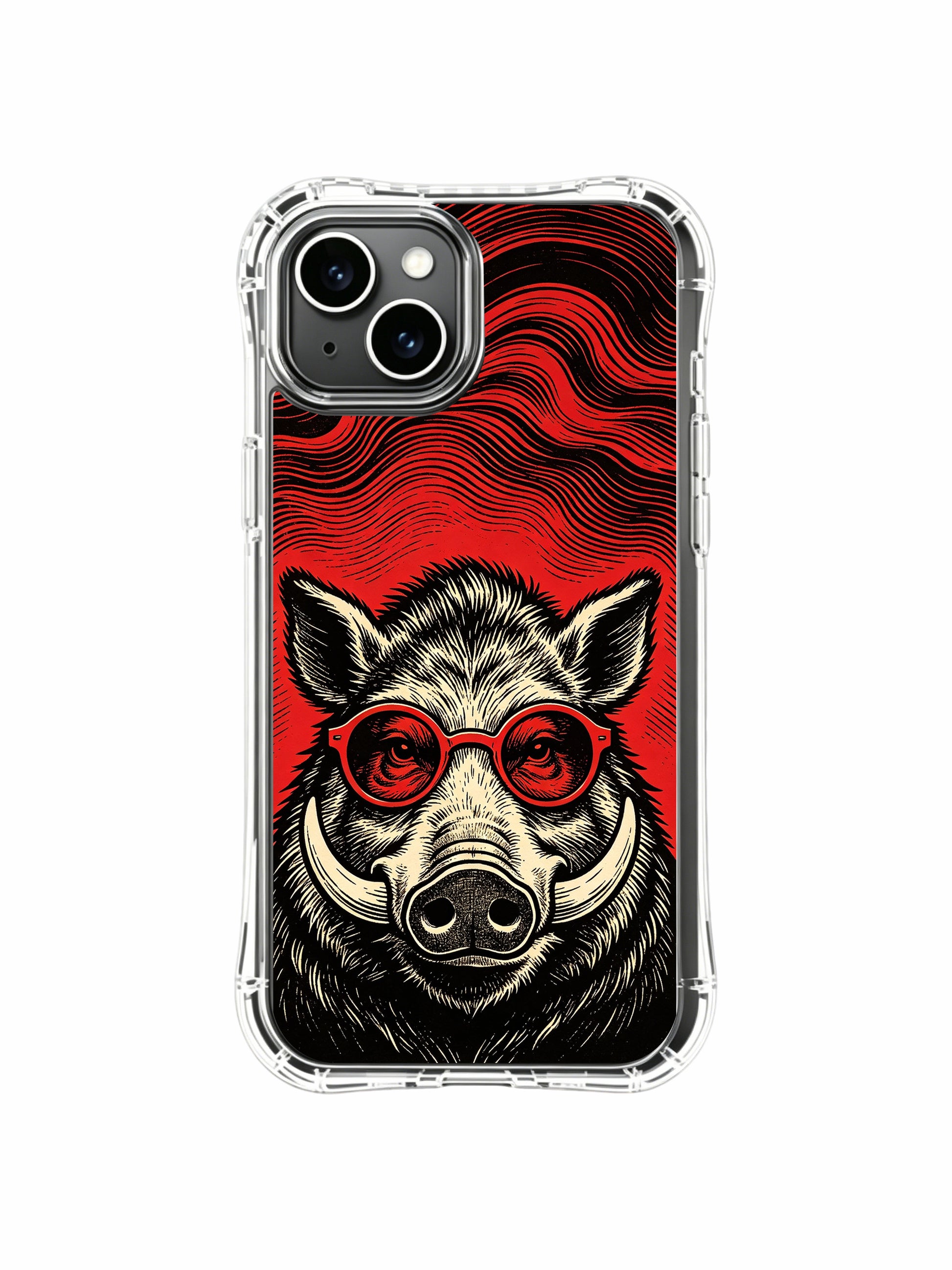 Vintage block print underground gig poster wild boar design featured on PhoneCasing iPhone 13 Case, premium licensed art phone casing manufactured in USA as unique rock fan luxury gift.
