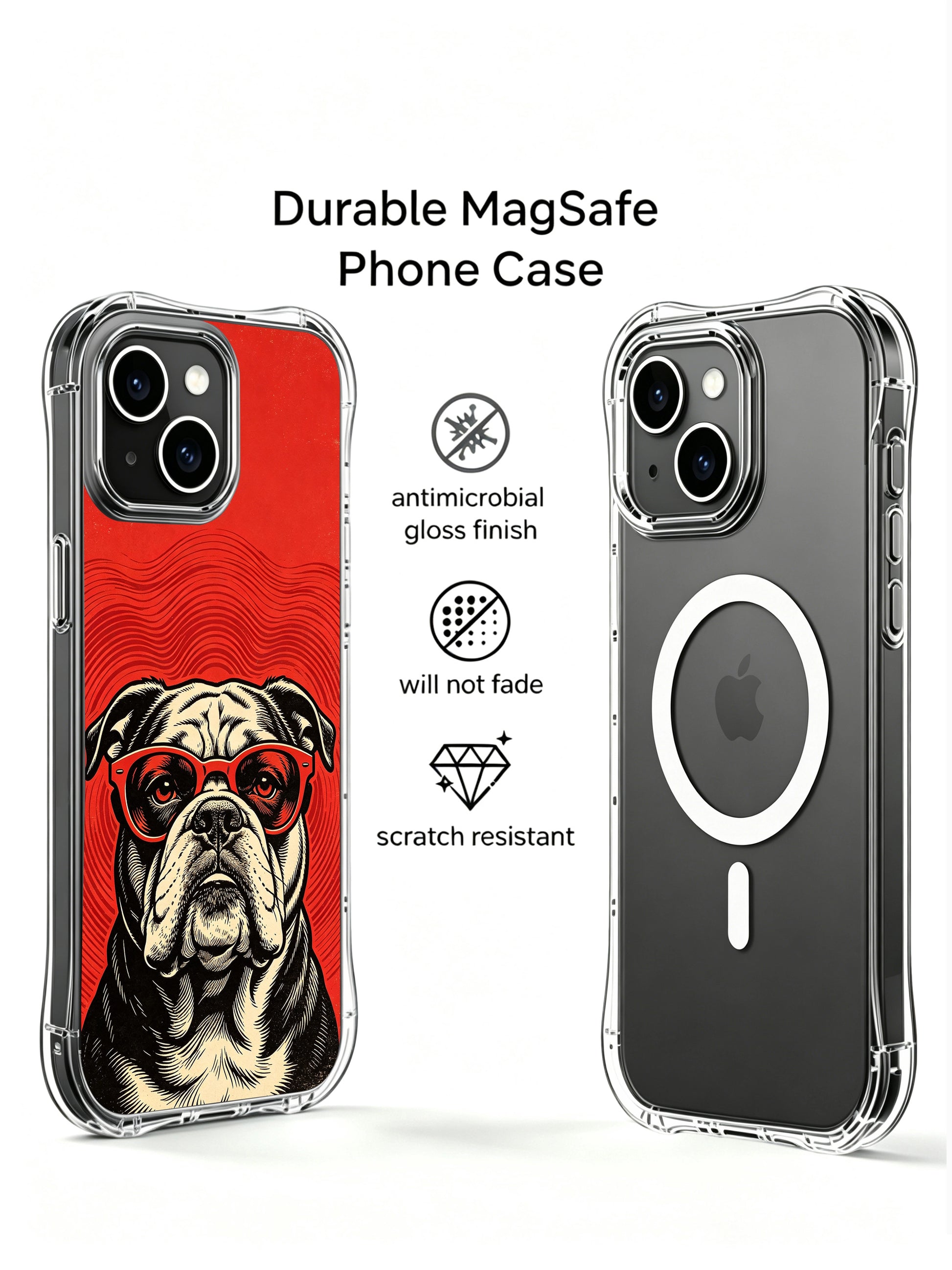 Cool stoic vintage rock style bulldog artwork with red tint glasses by Rufus Vale decorates PhoneCasing iPhone 13 Case, limited gallery wearable art phone casing handmade in California art studio for retro animal art collectors.