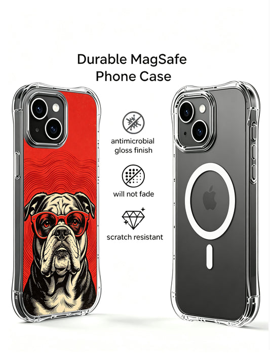 Cool stoic vintage rock style bulldog artwork with red tint glasses by Rufus Vale decorates PhoneCasing iPhone 13 Case, limited gallery wearable art phone casing handmade in California art studio for retro animal art collectors.