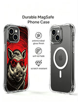 Vintage woodcut-style rock-poster boar artwork on an iPhone 13 case