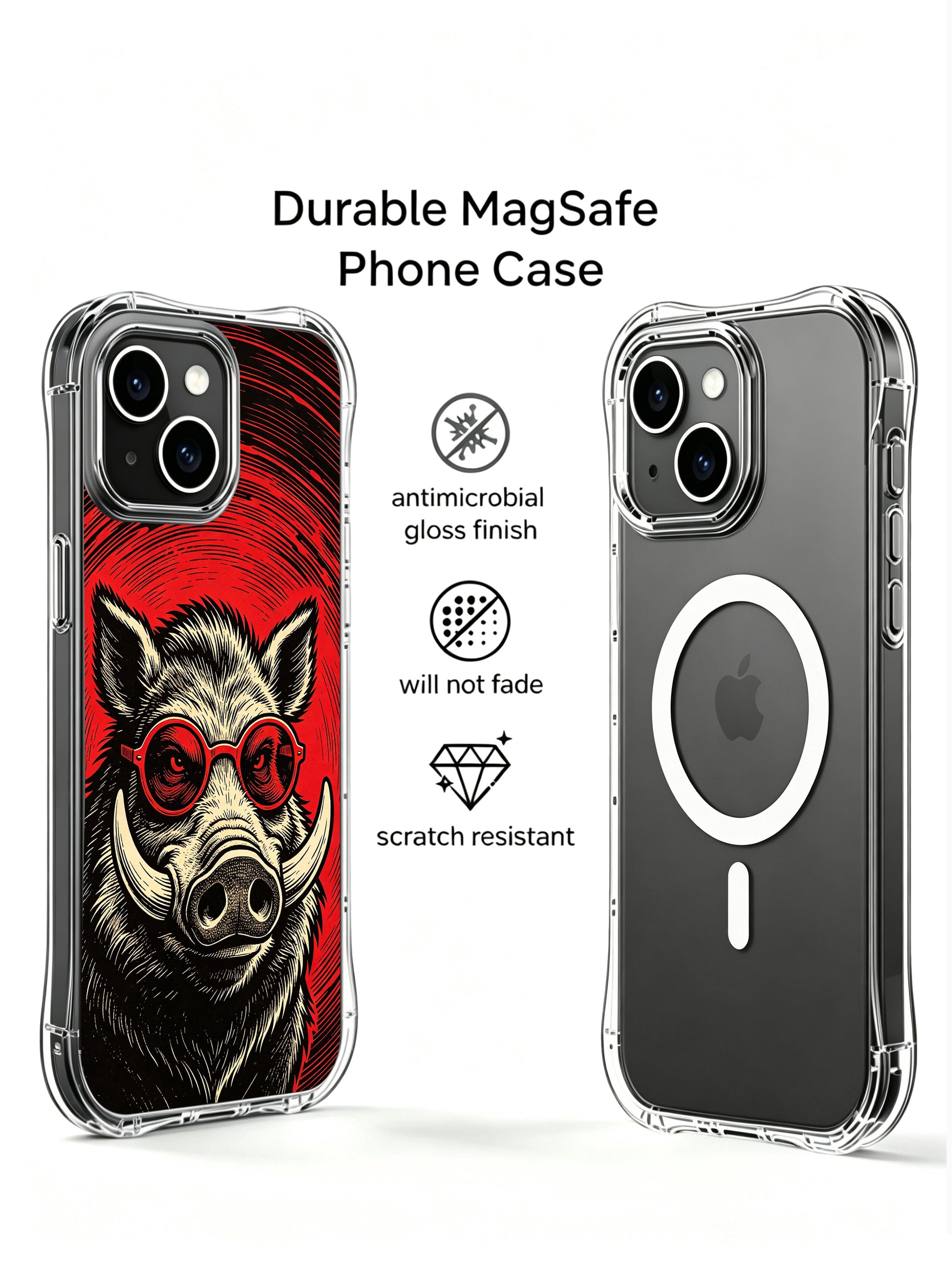 Vintage block print underground gig poster wild boar print featured on PhoneCasing iPhone 13 Case, premium licensed art phone casing manufactured in USA as luxury collectible gift for rock & art fans.
