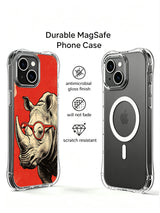 Woodcut-style rhinoceros on a red background on an iPhone 13 case