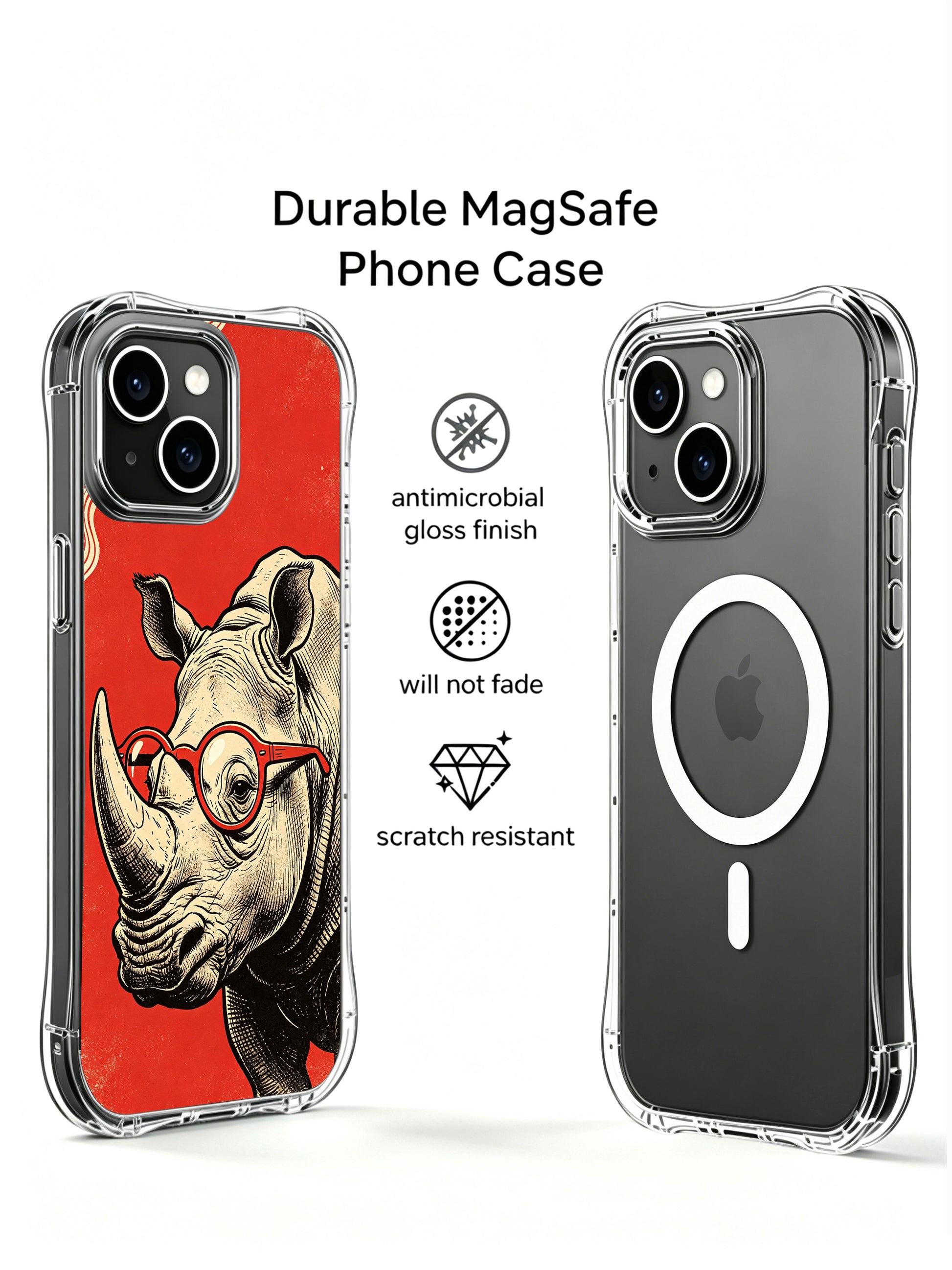 Classic woodcut print red background rhino illustration featured on PhoneCasing iPhone 13 Case, licensed premium art phone casing made in USA as unique retro collectible gift for vintage poster