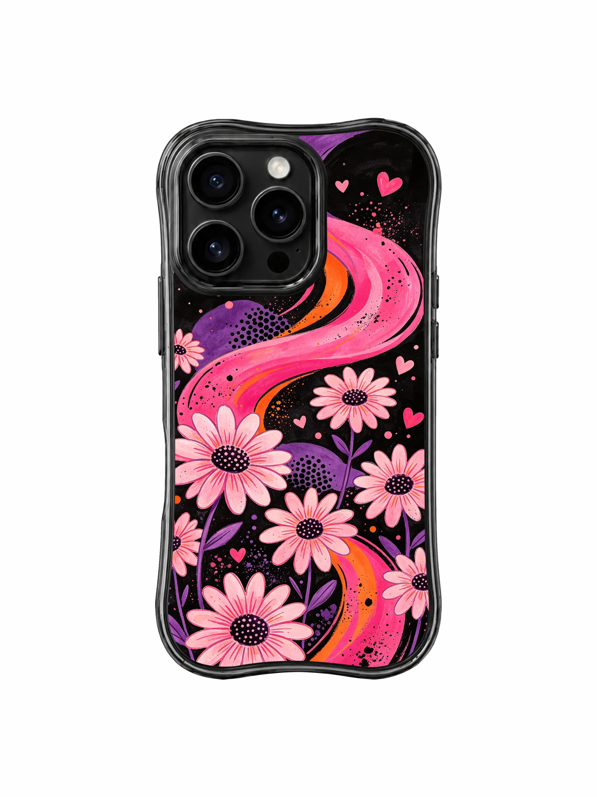 PhoneCasing iPhone 16 pro Case with full-bleed textured scratch grain black backdrop slow drifting lavender orange fluid ribbon blush daisy hidden pink heart dot layout full of tender hopeful dark dream retro charm, Ruby Daze signature collection, MagSafe compatible wavy black protective art casing.