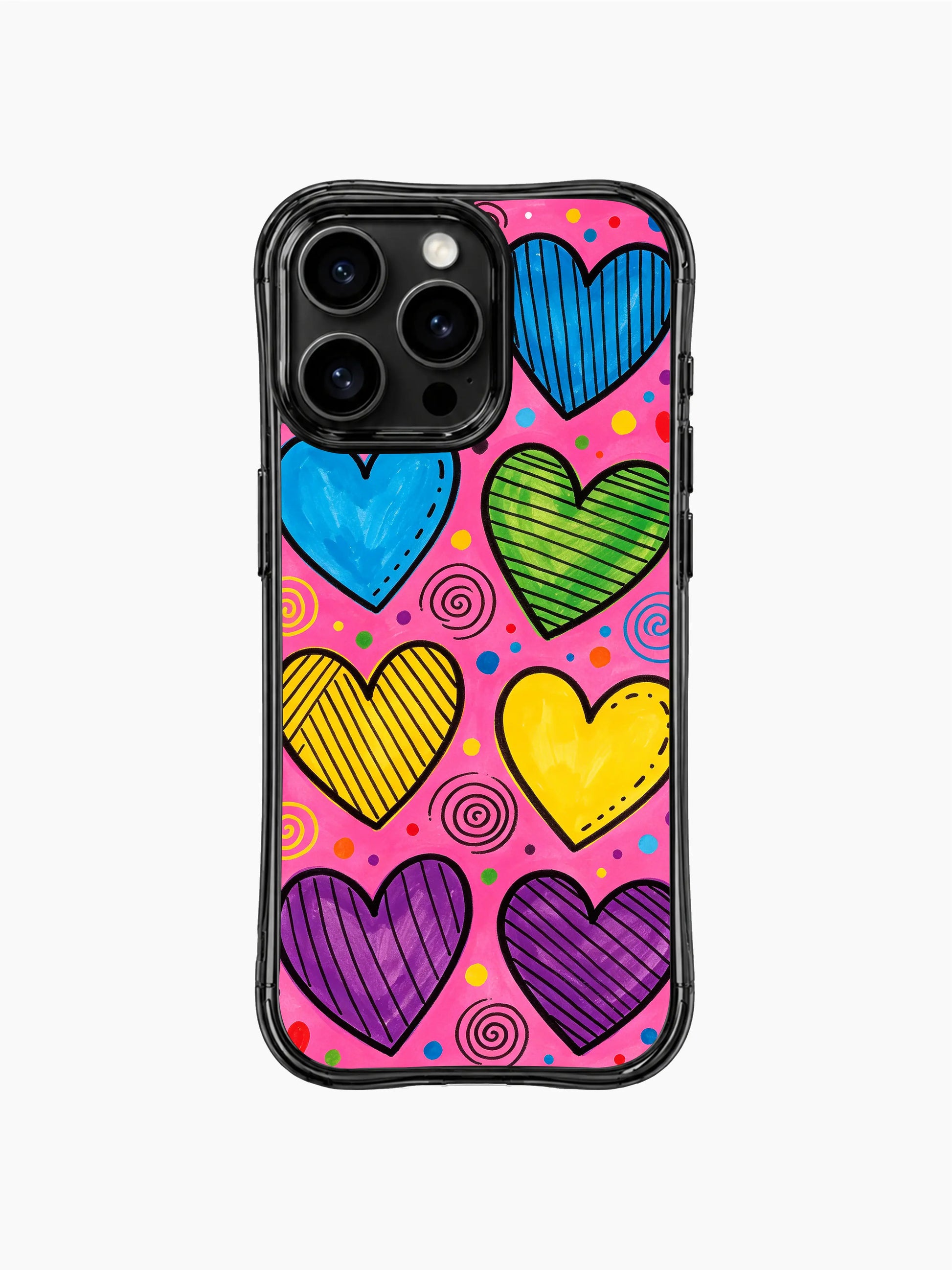 PhoneCasing iPhone 13 Pro Max casing ultra bright hot pink heart storm print, ideal statement phone cover for upbeat romantic young women.