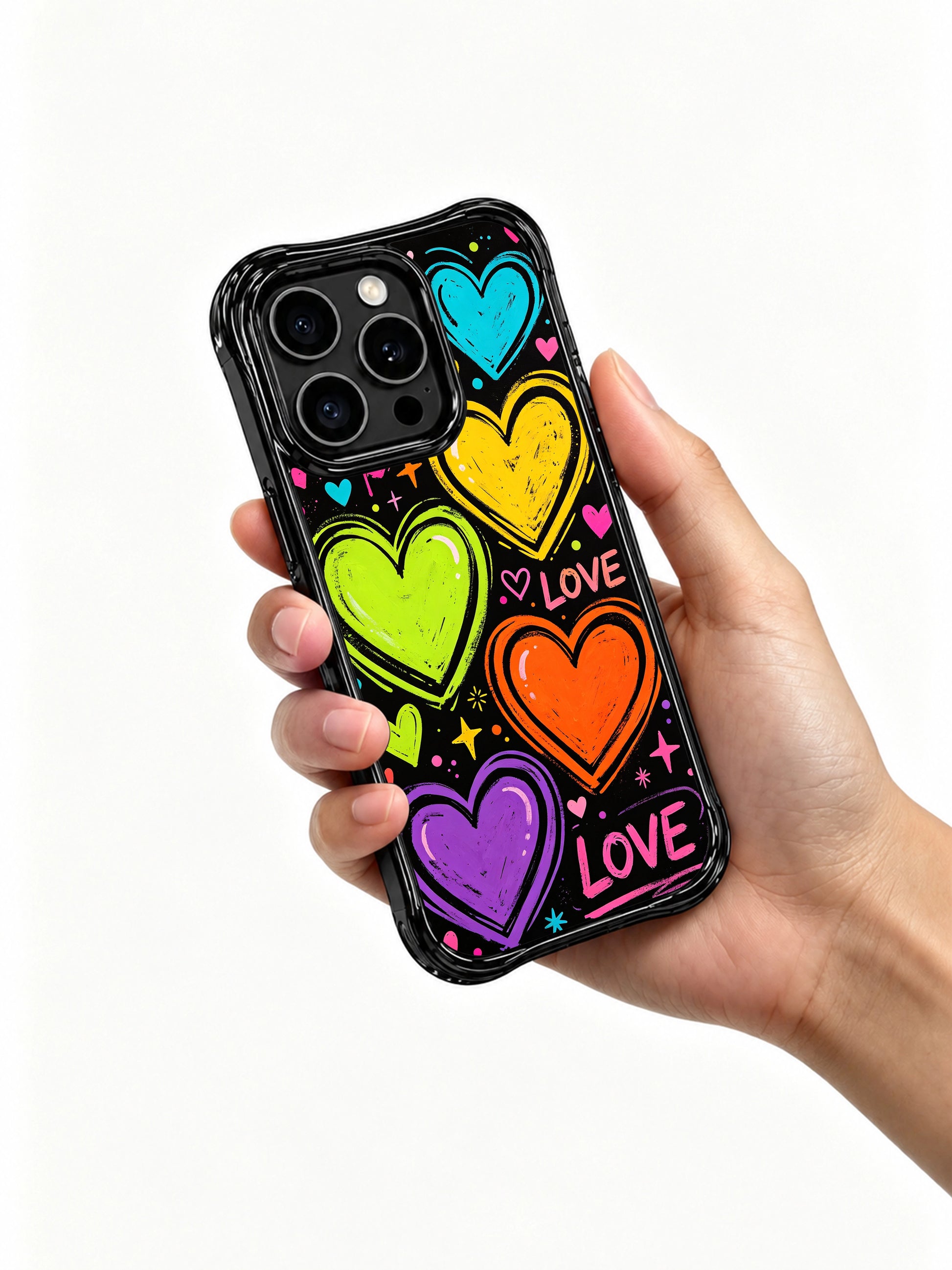 Vivid saturated neon crayon tone PhoneCasing iPhone 13 Pro Max casing, Loud Love Energy full wrap dynamic pop heart doodle, layered bouncing rainbow hearts and loud LOVE text on sleek solid black shell