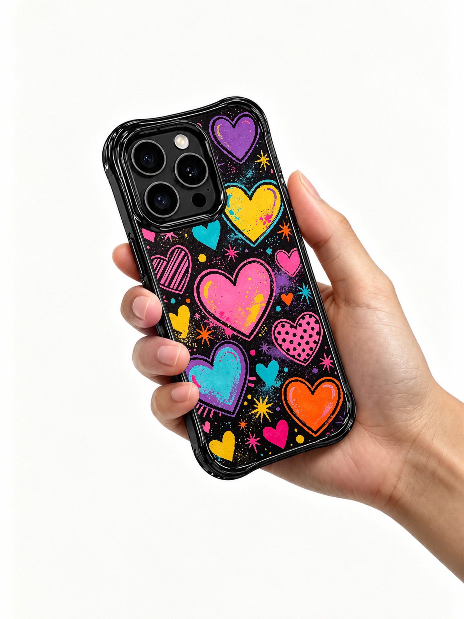 Vivid saturated neon crayon tone PhoneCasing iPhone 13 Pro Max casing, Heart Pop Universe full wrap pop heart doodle, layered rainbow hearts and LOVE text on sleek solid black shell