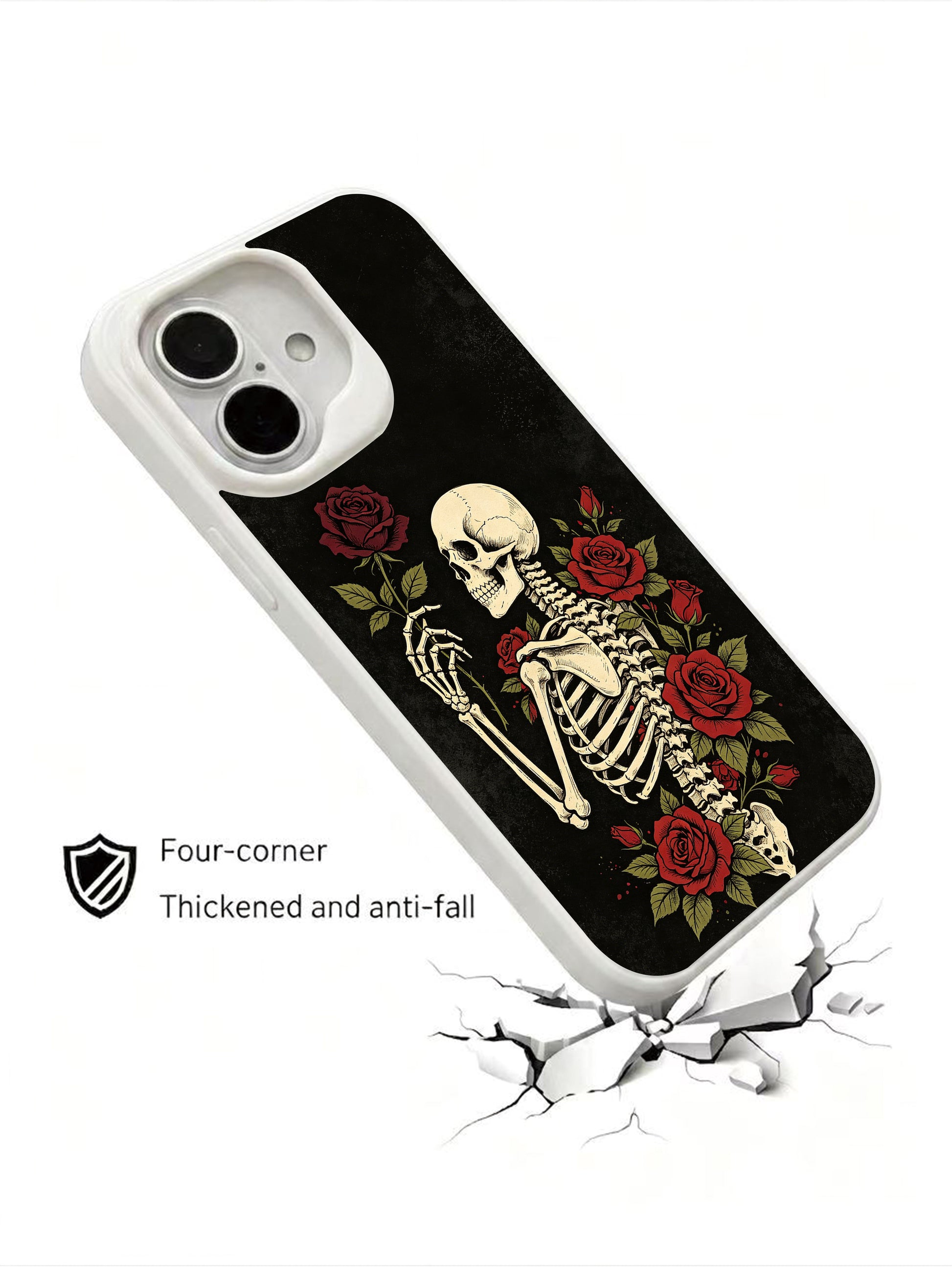 PhoneCasing Vow Amid Darkness goth iPhone 16 Case, dark academia skeleton illustration holding classic red garden roses sprouting around torso, four-corner anti-drop reinforced casing USA-made