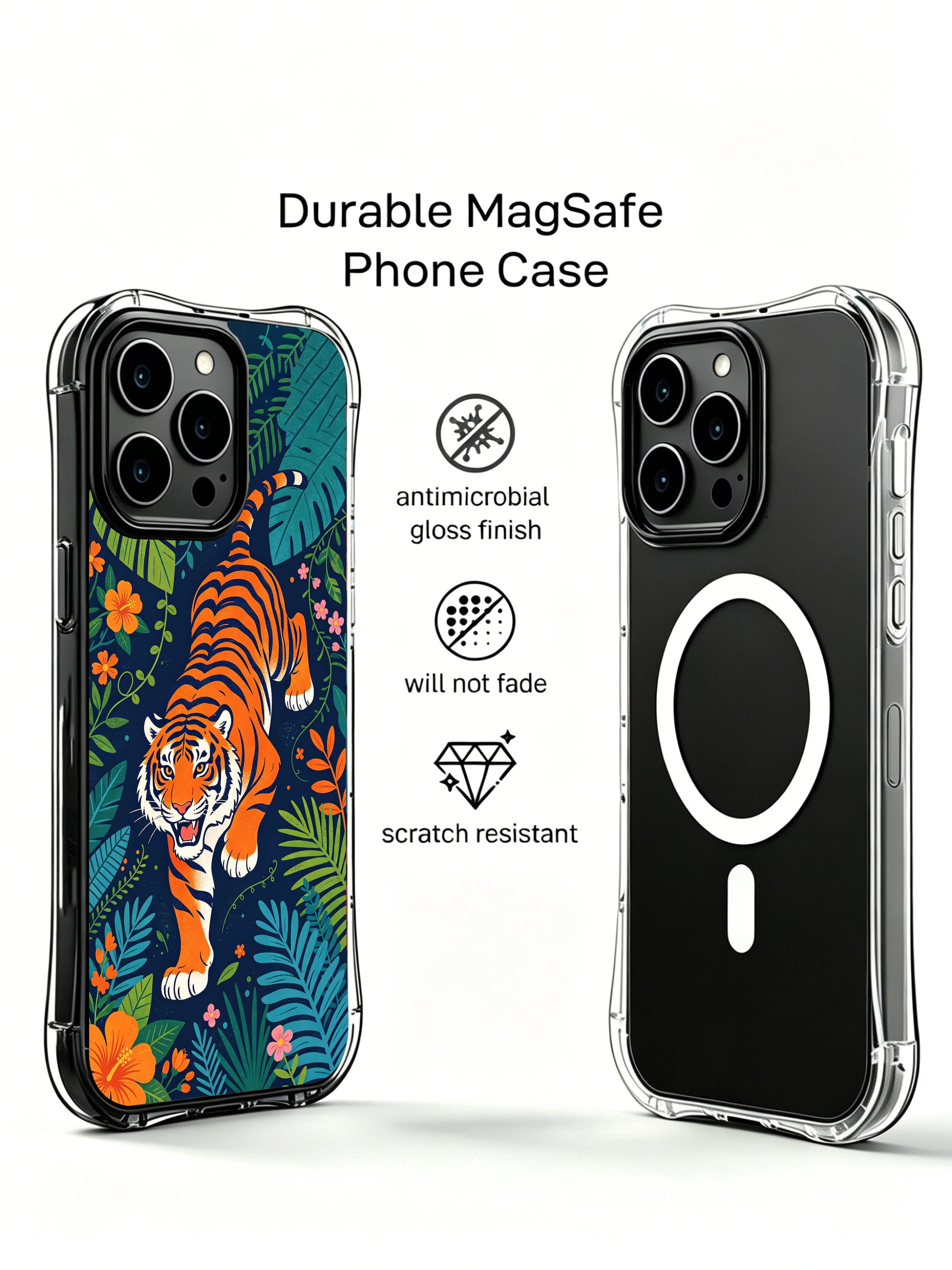 Handcrafted artist illustrated iPhone 13 pro Case by PhoneCasing, night garden prowling orange tiger design premium phone cover, botanical jungle casing made at our USA California workshop