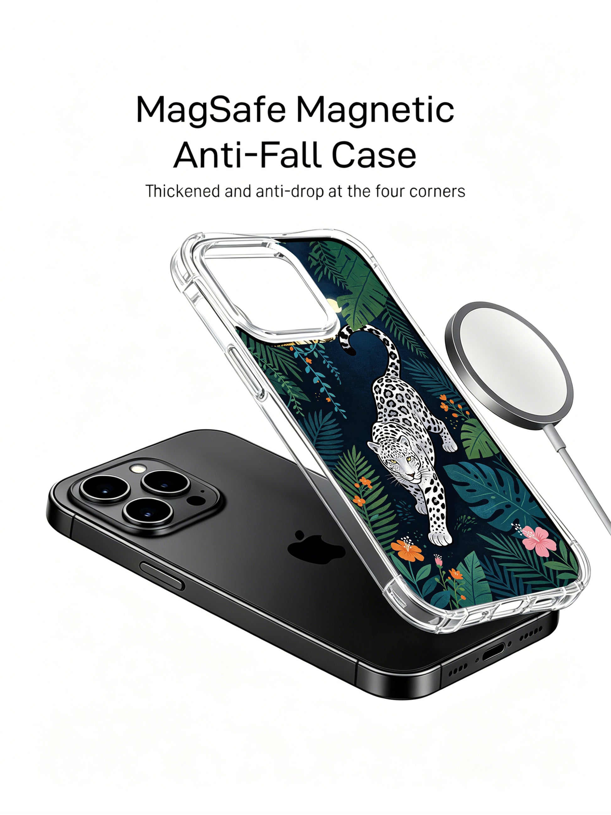 Hand drawn prowling silver leopard wandering through tropical botanicals iPhone 13 pro Case from PhoneCasing, shock-absorbent clear iPhone 13 pro casing decorated with hibiscus and wild orange flowers, minimalist exotic art phone cover.