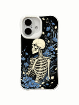 PhoneCasing Wander Thorax spiritual goth iPhone 16 Case, hand-drawn rib skeleton surrounded by ocean-blue garden blooms against matte black backdrop, antimicrobial smooth finish durable iPhone 16 casing