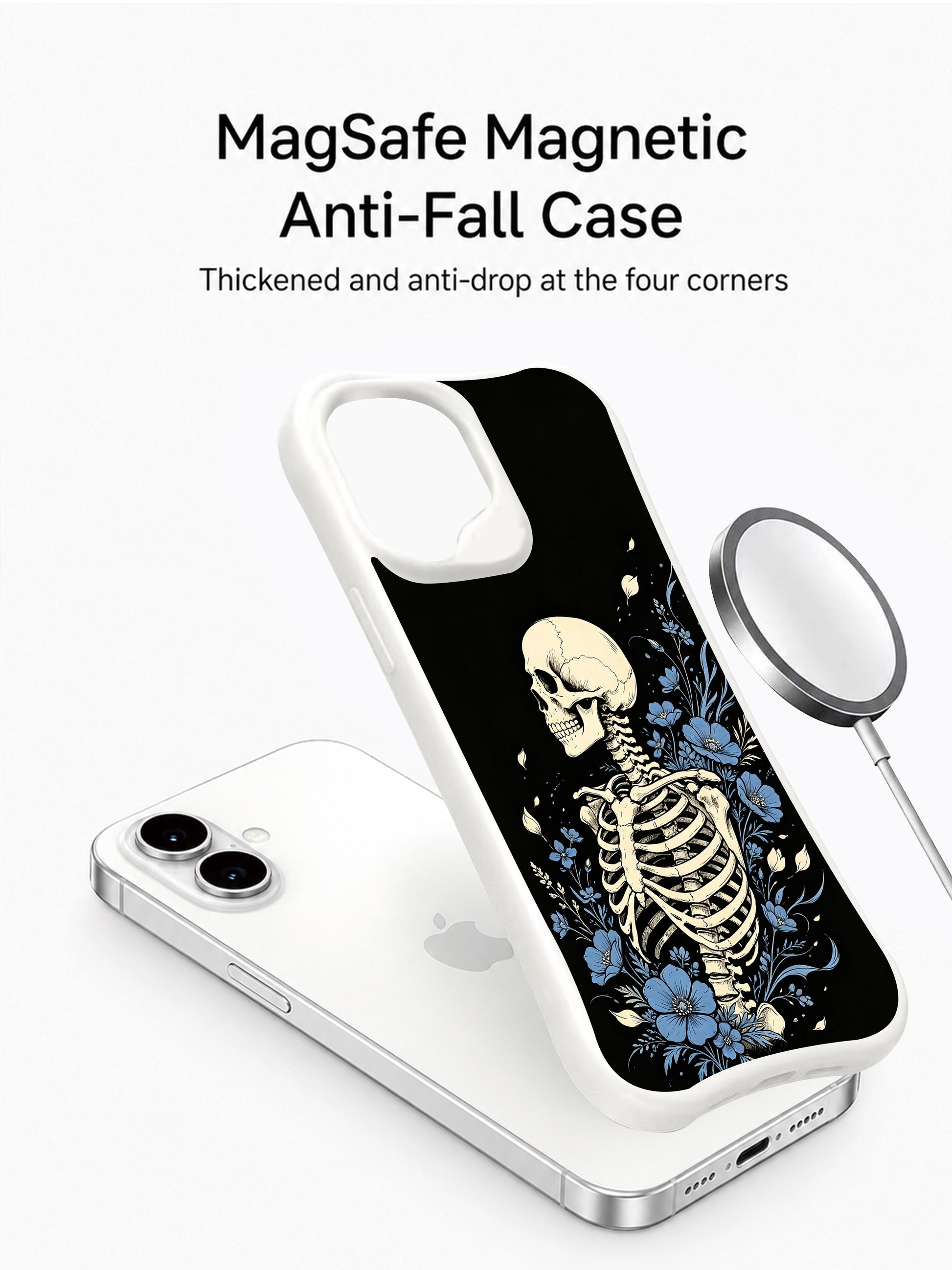 PhoneCasing Wanderlust Botanical spiritual goth iPhone 16 Case, hand-drawn rib skeleton wrapped in billowy sky-blue garden blooms against matte black background, antimicrobial smooth finish durable iPhone 16 casing