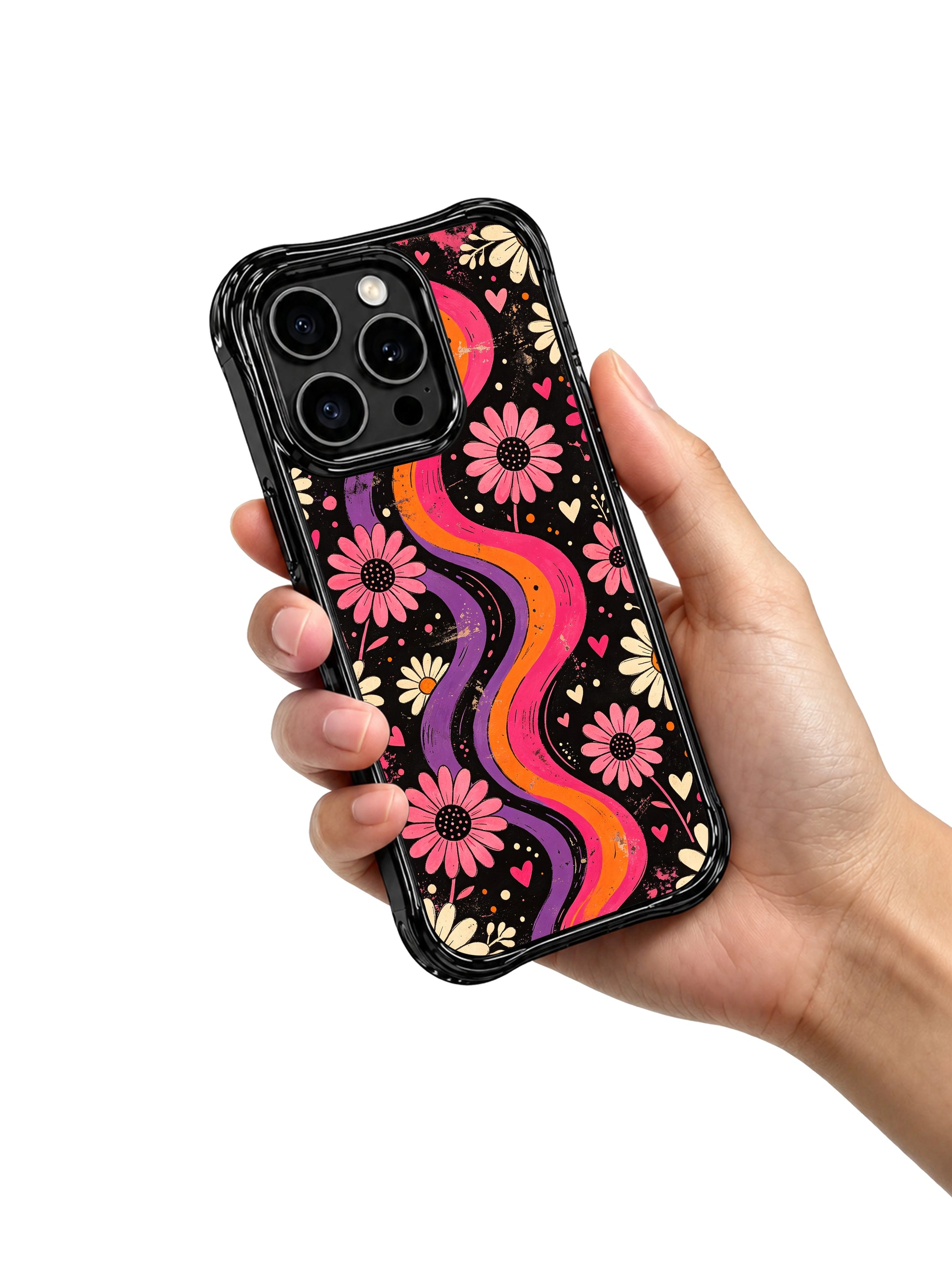 PhoneCasing iPhone 16 pro Case with soft warm tangerine pink violet fluid swirl streaks cream & blush daisy print, Ruby Daze Tangerine Love Field artist-designed wavy casing for gentle feminine style.