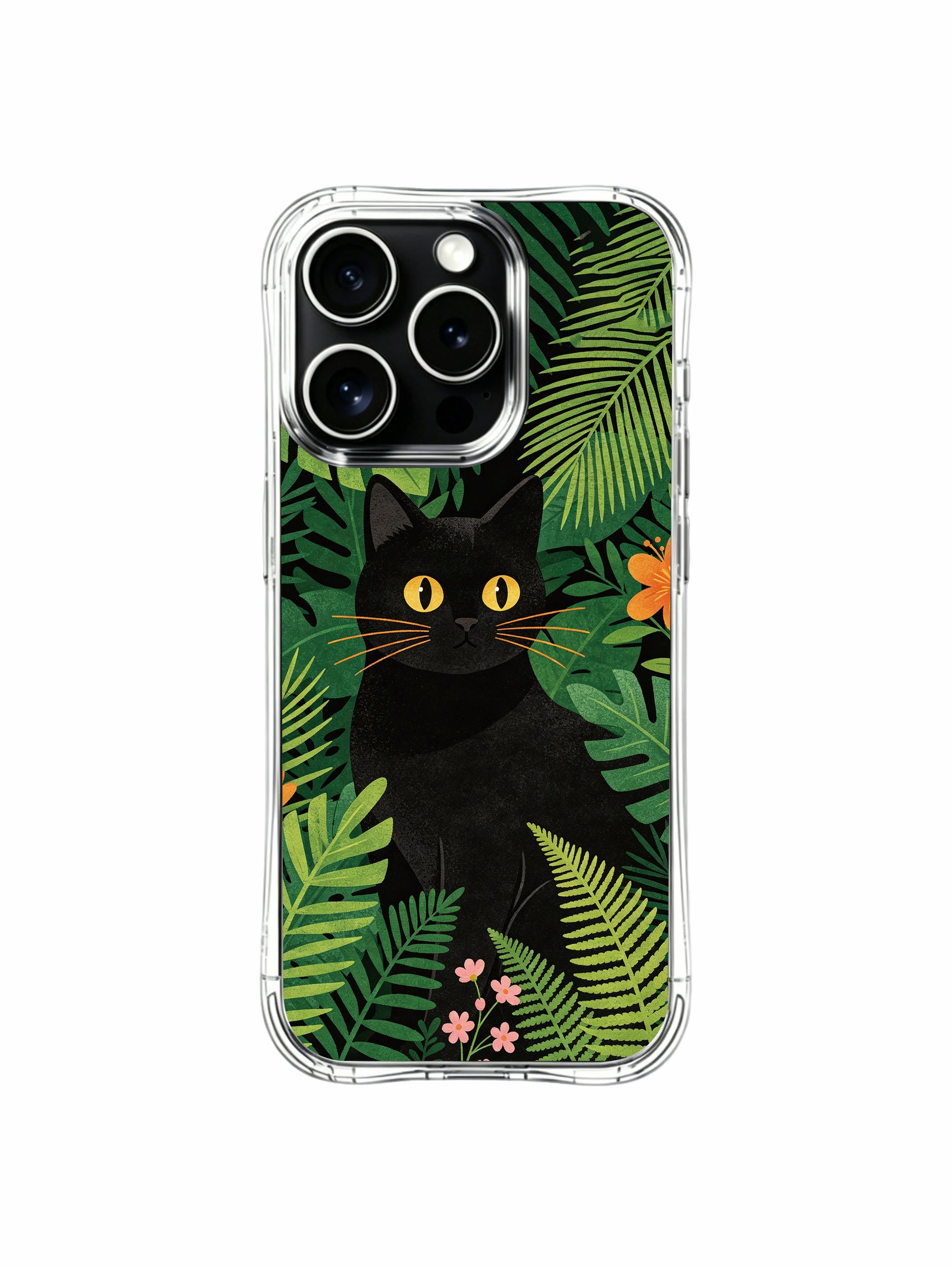 Amber iris accent PhoneCasing iPhone 13 pro Case, long-wearing protective phone casing displaying wildcat with warm amber eyes sheltered under dense dark jungle canopy, nature lover’s premium phone cover.
