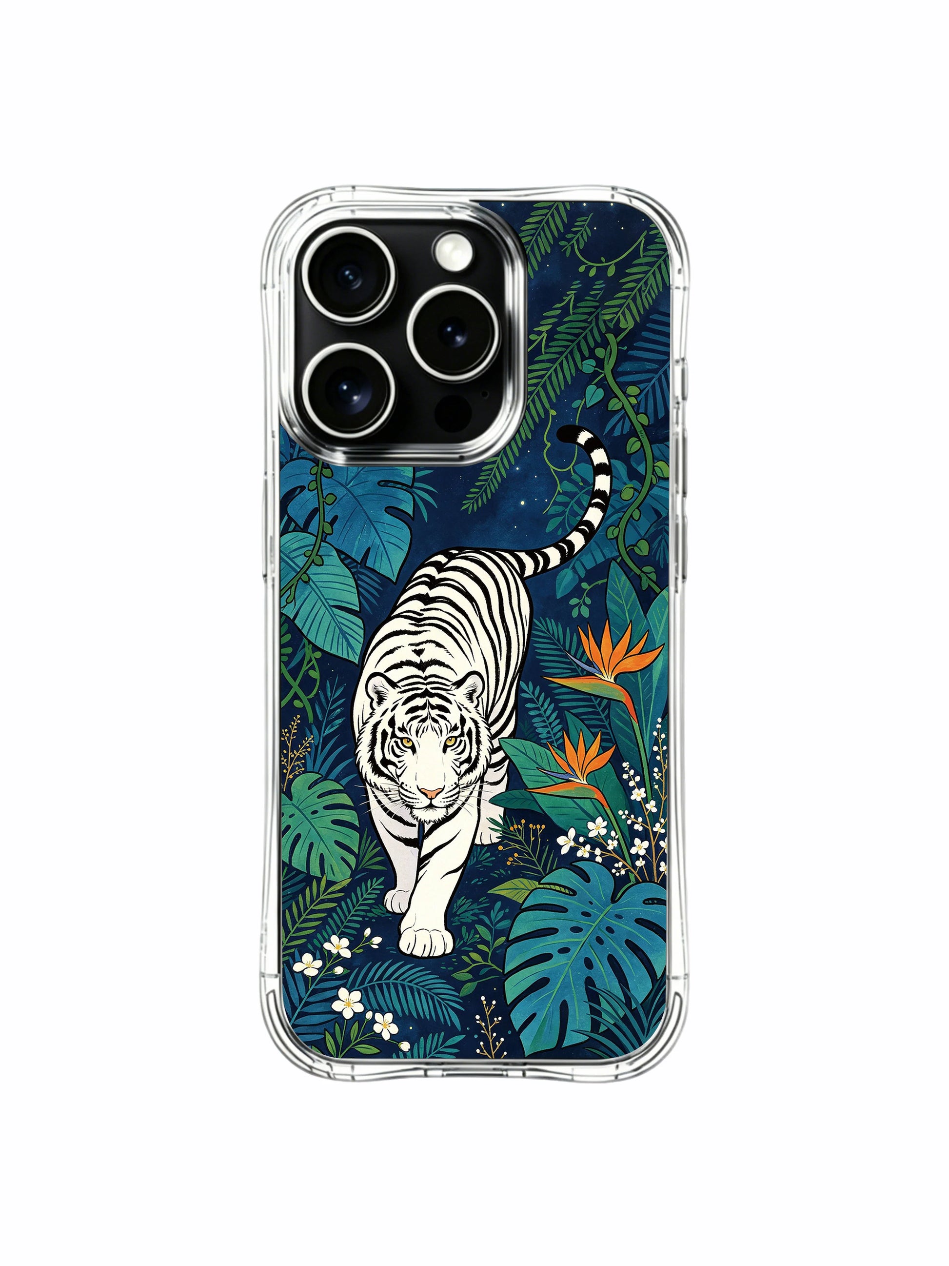 Warm orange blooms contrast cool teal jungle white tiger iPhone 13 Pro Case from PhoneCasing, balanced tone artist phone casing, collectible wearable talisman art phone case