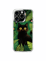 Warm pop floral PhoneCasing iPhone 13 pro Case, durable anti-drop phone casing balancing dark muted jungle tones with bright tiny blossoms around hidden black wildcat, unique custom art phone cover.