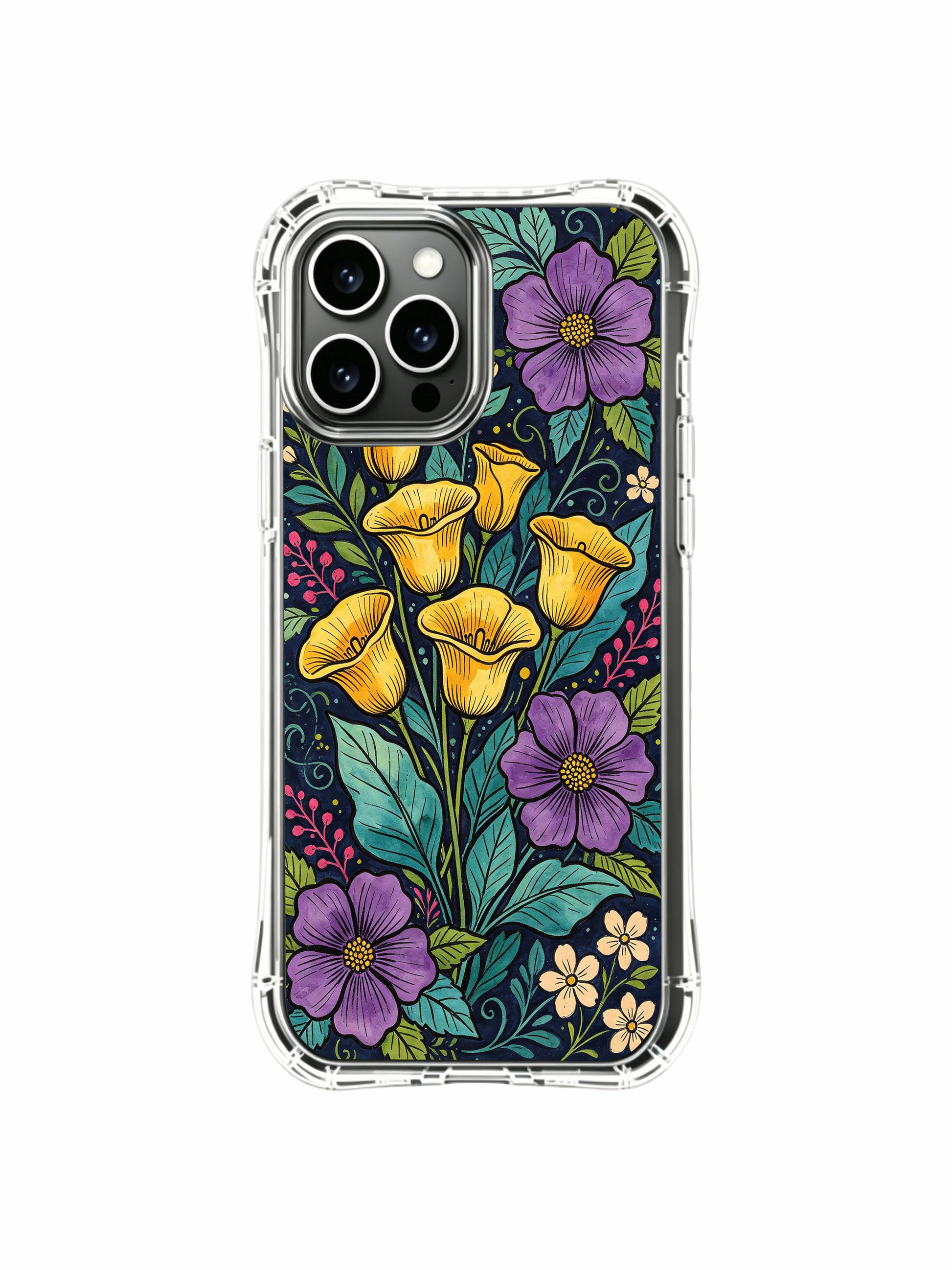 PhoneCasing iPhone 16 Pro Max Case featuring warm golden bloom art. Calla lilies on a deep blue background, slim lightweight protective case.