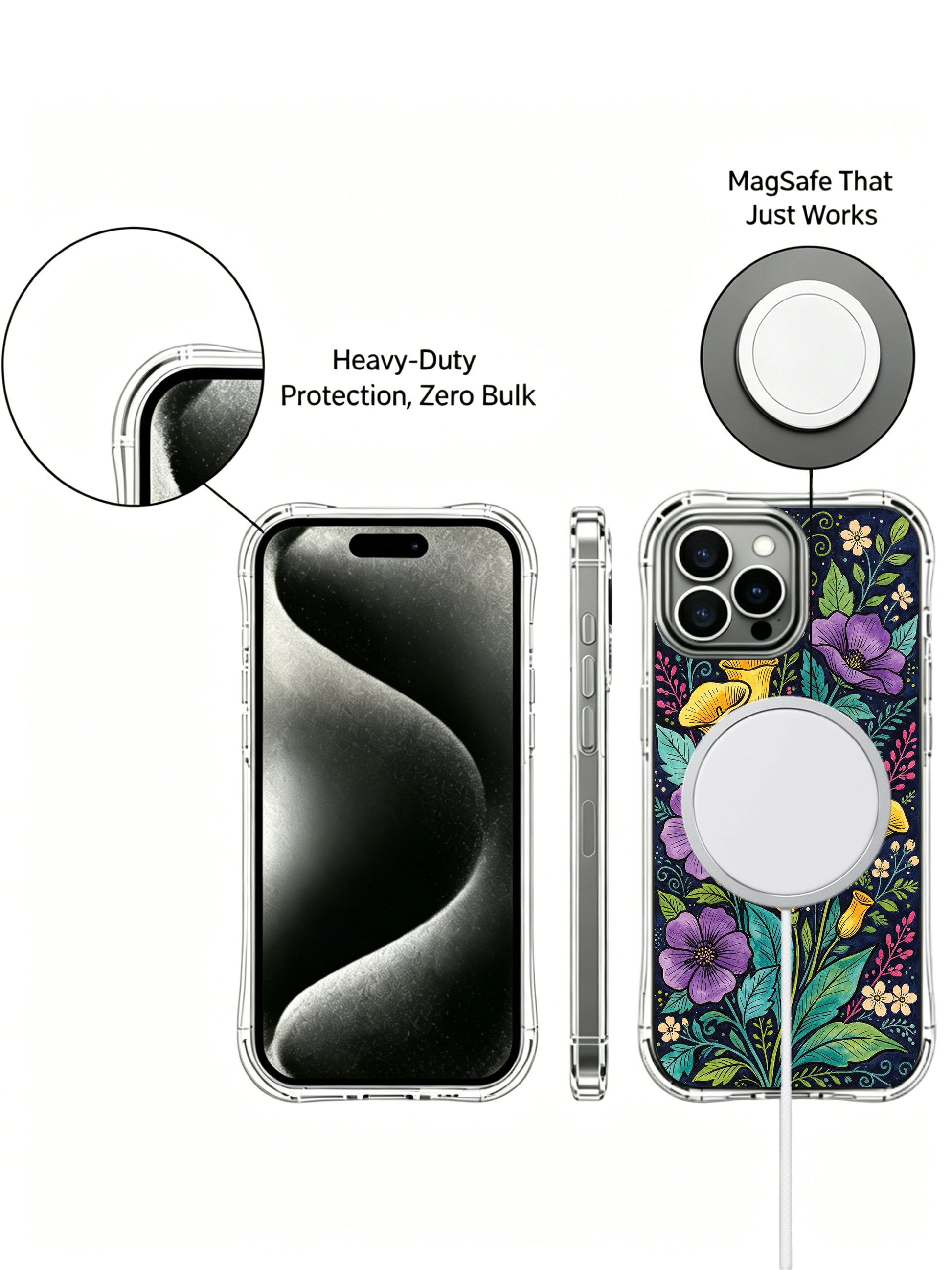PhoneCasing iPhone 16 Pro Max Case with warm night bloom art. Golden calla lilies surrounded by purple and green foliage, premium art phone case.