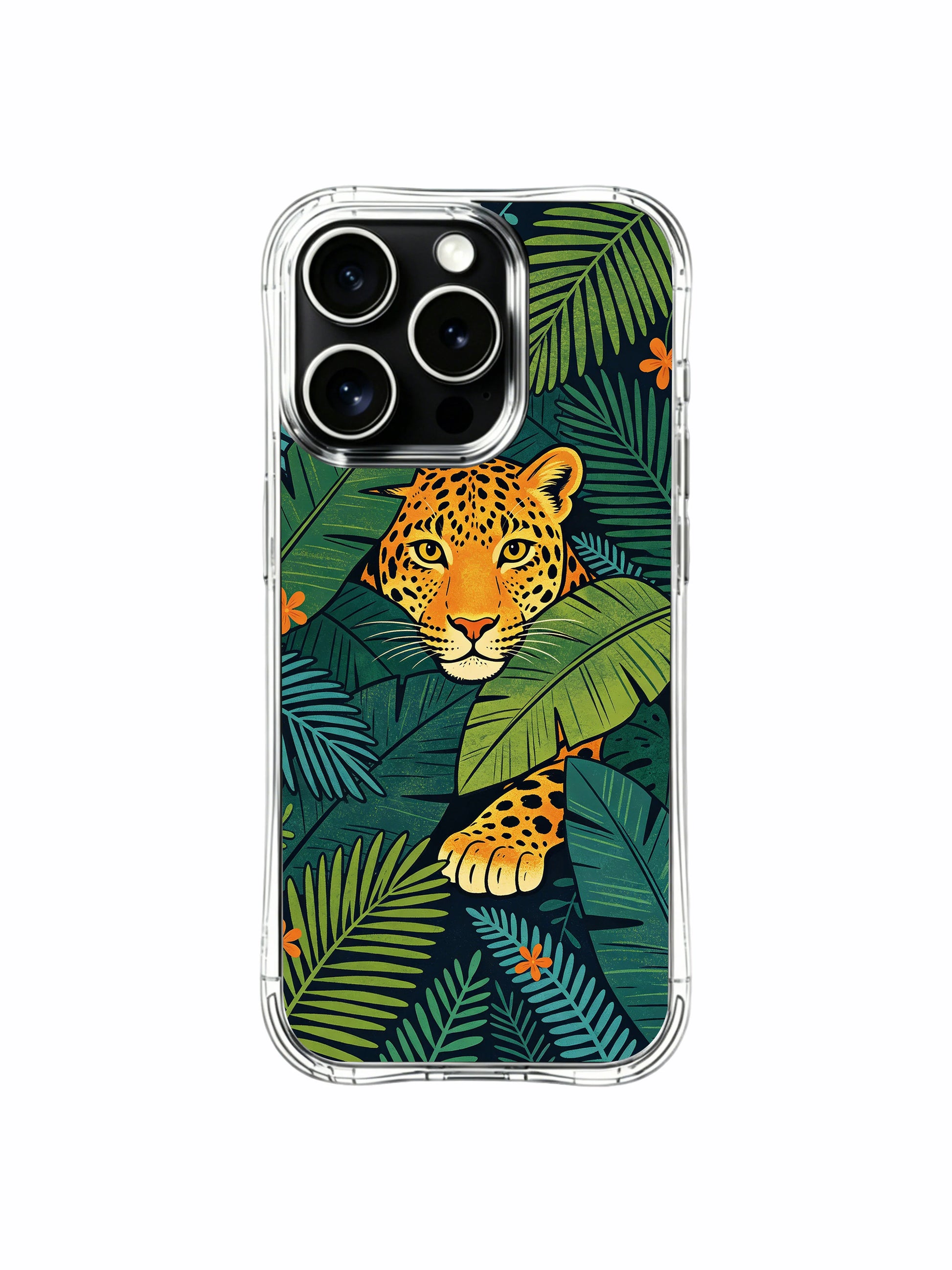 Small bright orange wild flowers scattered beside leaf-hidden curious jaguar iPhone 13 pro Case from PhoneCasing, wear-resistant clear iPhone 13 pro casing with mixed tropical palm leaves, warm explorer-themed wildlife phone cover.