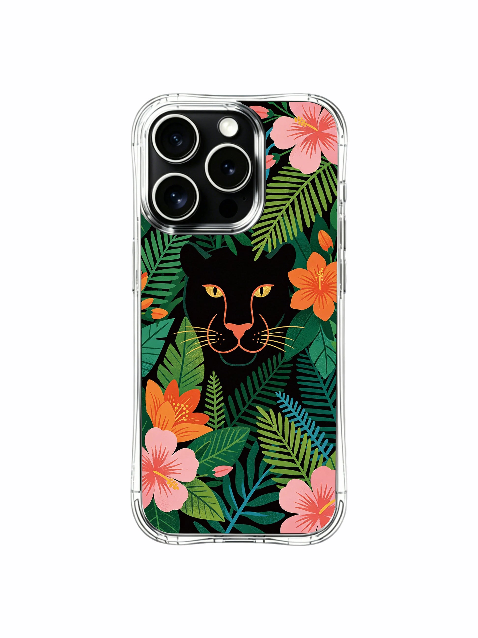 Bright orange tropical flowers surrounding mysterious hidden panther iPhone 13 pro Case from PhoneCasing, wear-resistant clear iPhone 13 pro casing with varied palm and fern leaves, warm-toned wild animal phone cover.