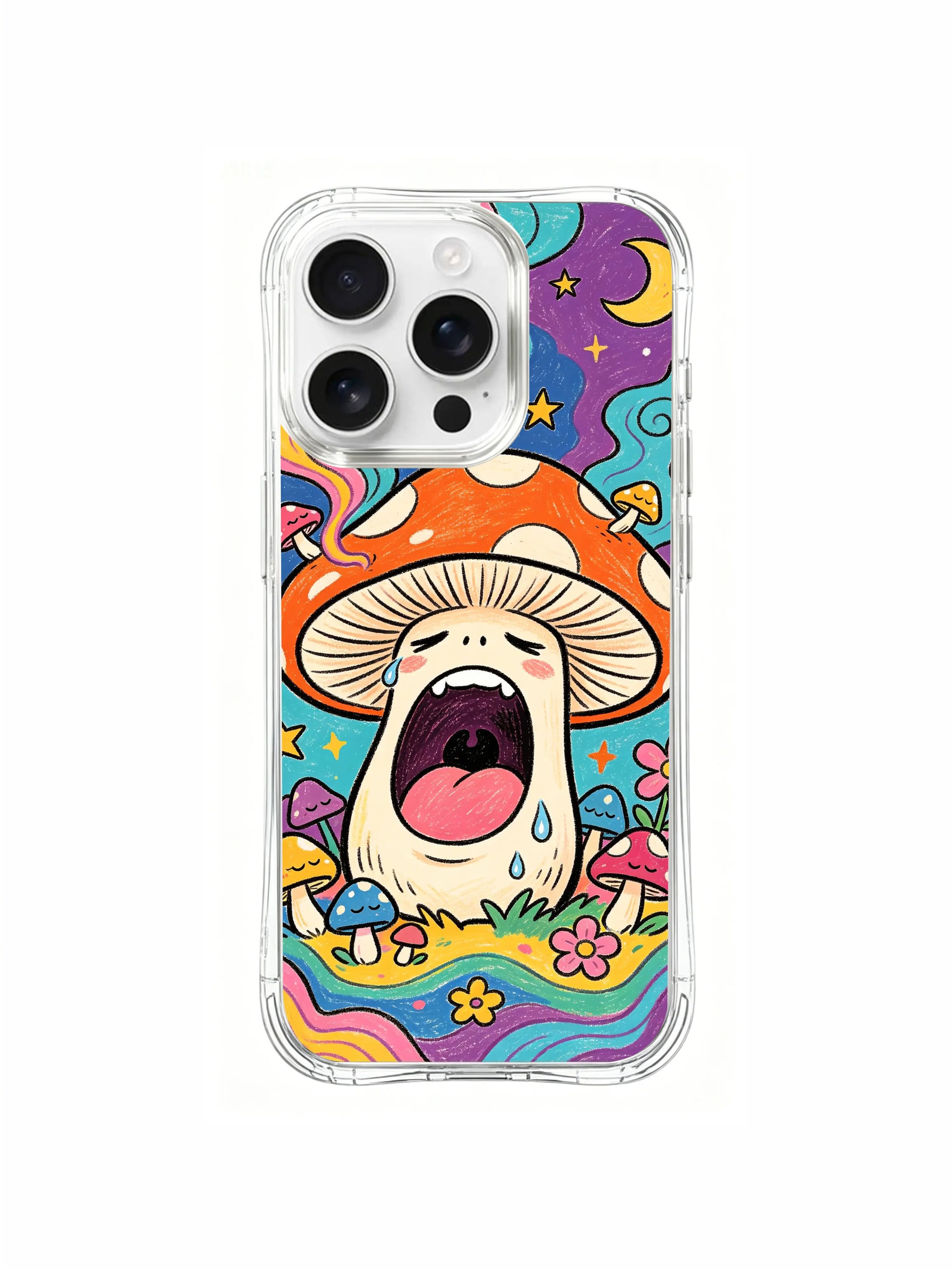 PhoneCasing iPhone 16 pro max Case, floral-focused fine art casing with warm orange & pink blossom cluster settled at bottom right of curvy rainbow-hued woodland ground, limited edition gift-ready art phone casing.