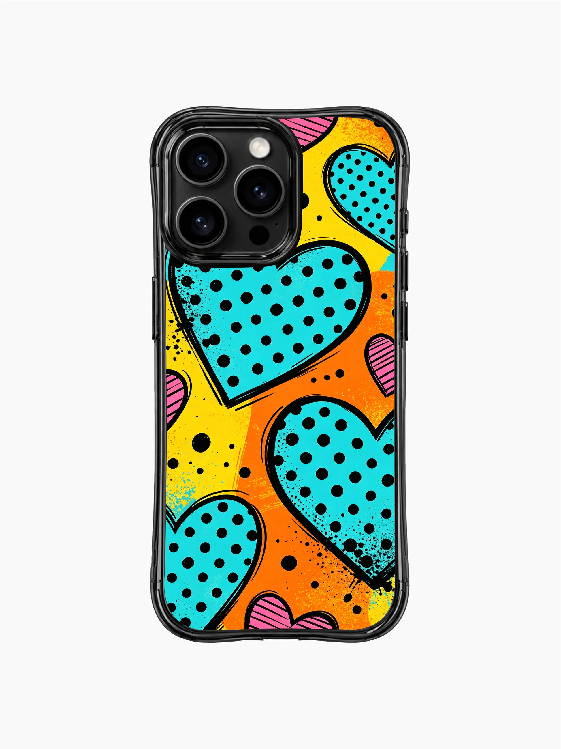 PhoneCasing iPhone 13 Pro Max casing warm orange yellow brush splash background balanced with cool cyan polka dot hearts, balanced contrast everyday phone cover.
