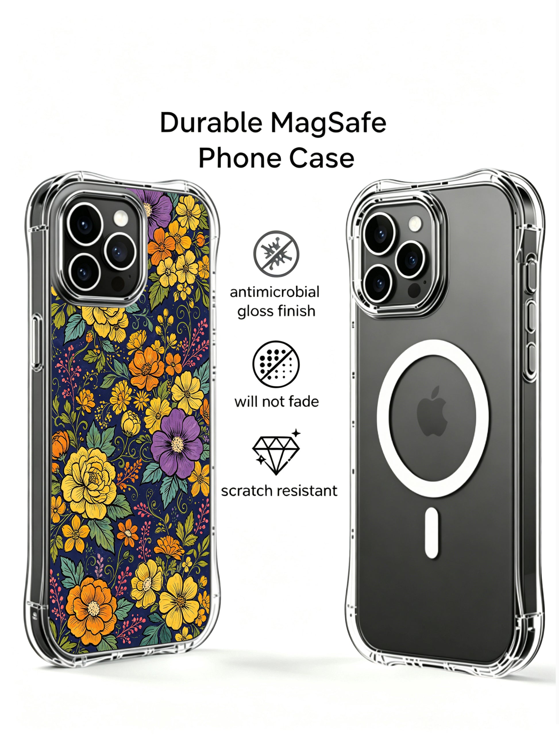 PhoneCasing iPhone 16 Pro Max Case with a warm seasonal night garden design, showcasing golden blooms against deep navy blue.