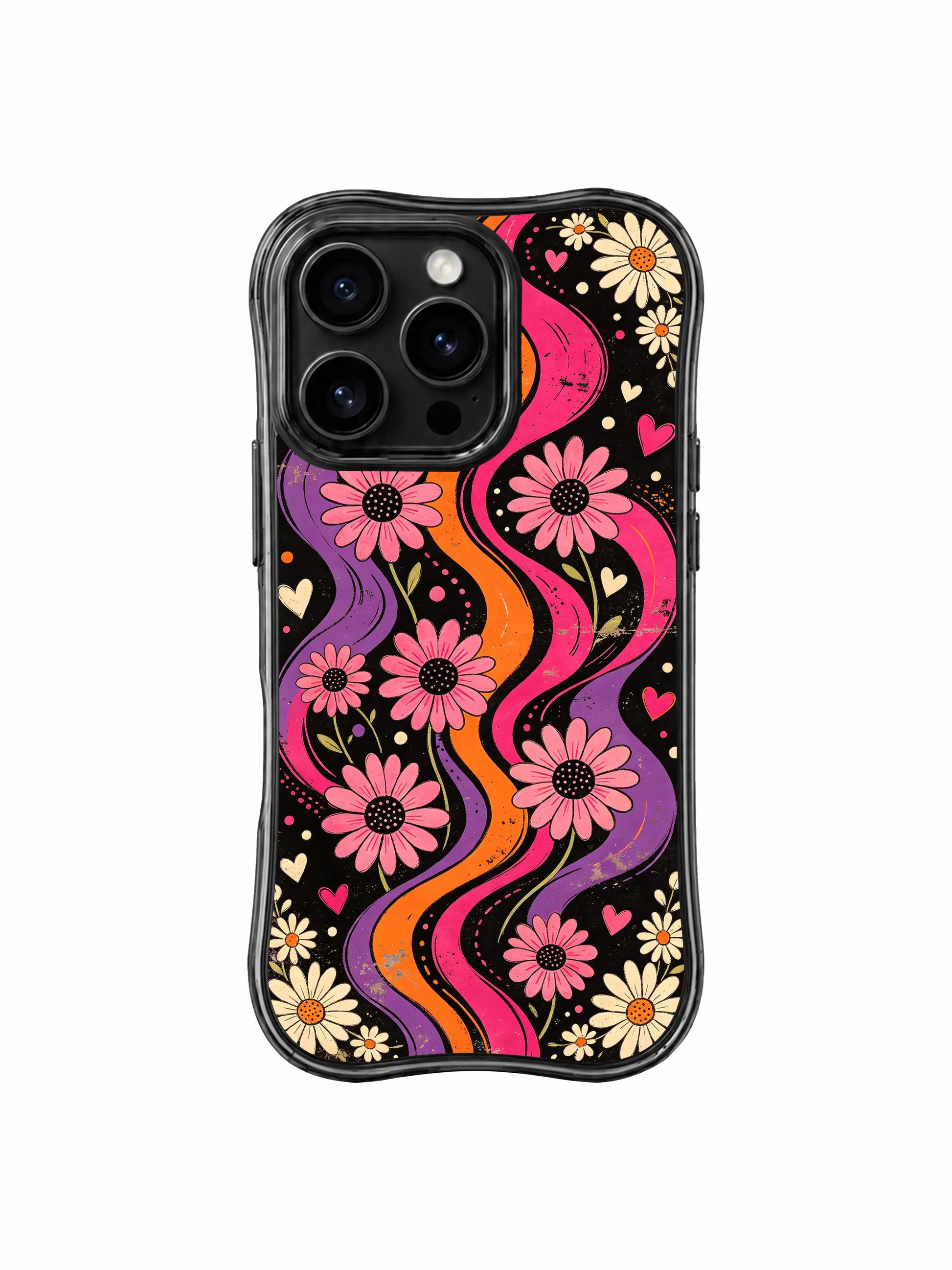 PhoneCasing iPhone 16 pro Case with soft warm tangerine pink violet fluid swirl streaks cream & blush daisy print, Ruby Daze Tangerine Love Field artist-designed wavy casing for gentle feminine style.