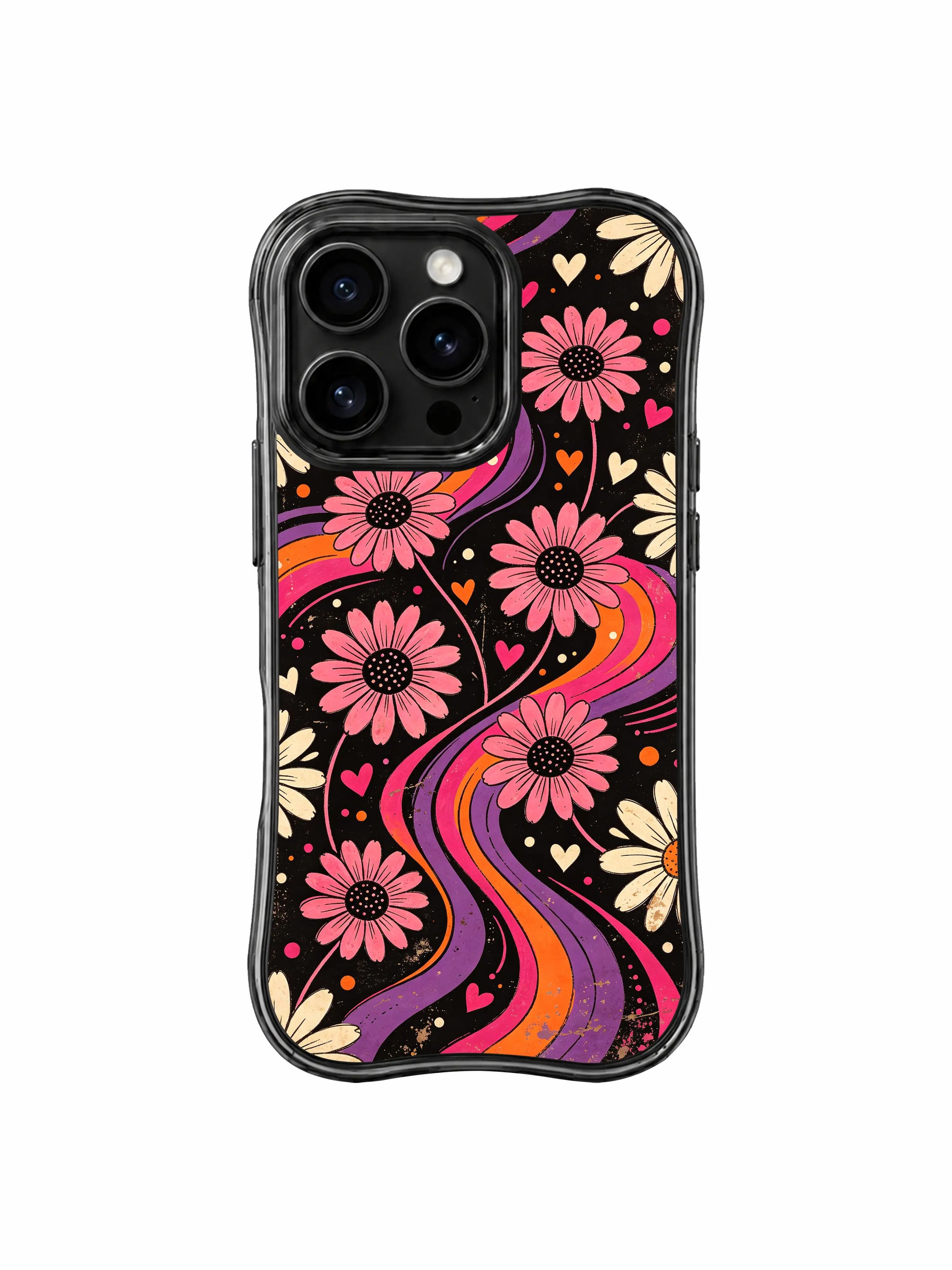 honeCasing iPhone 16 pro Case with intimate wordless love letter vintage swirl floral layout, Ruby Daze Tangerine Love Field signature collection, MagSafe wavy black protective art casing