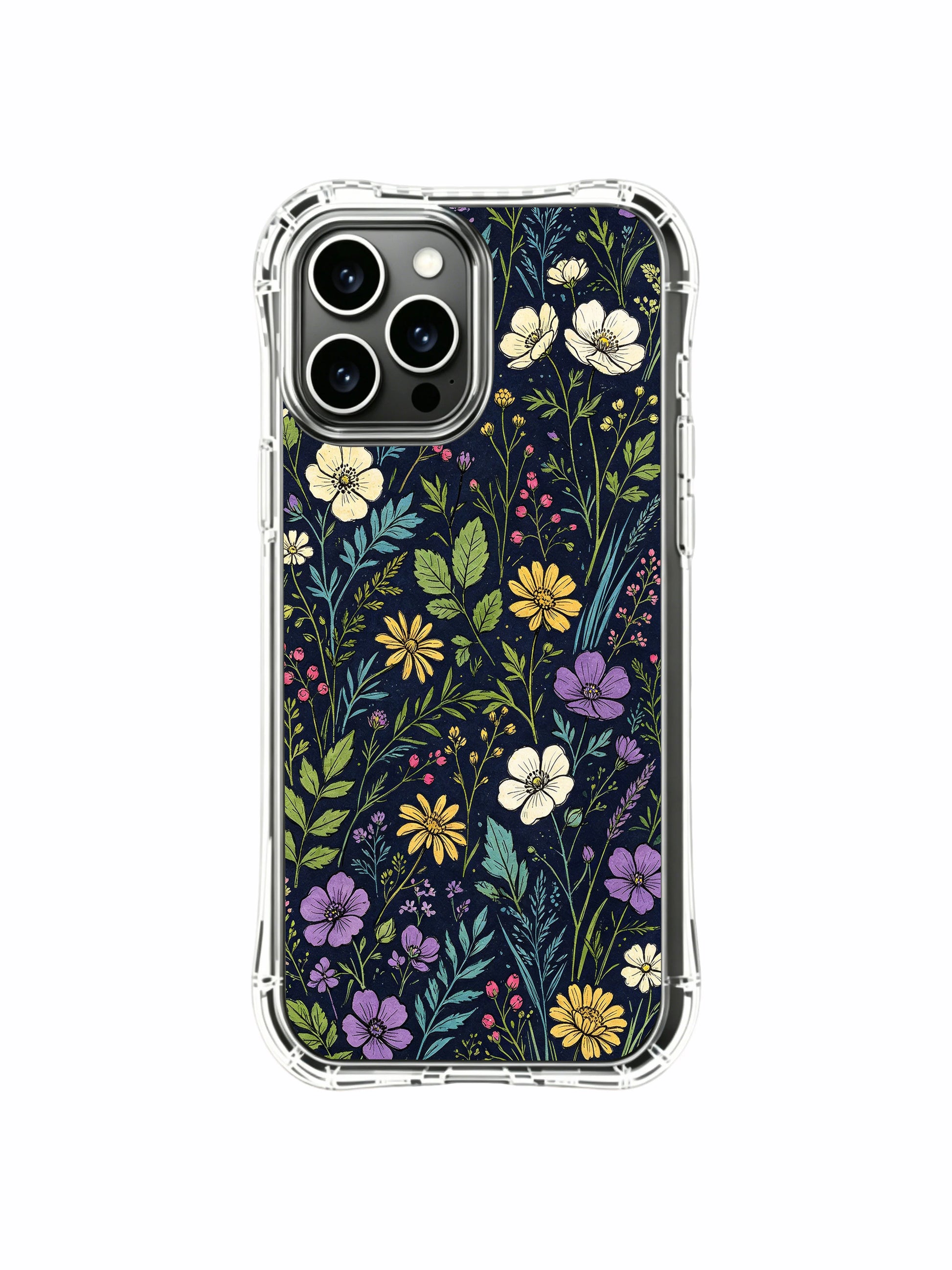 PhoneCasing iPhone 16 Pro Max Case featuring warm wildflower bloom art. Delicate meadow flowers on a deep blue background, slim lightweight protective case.