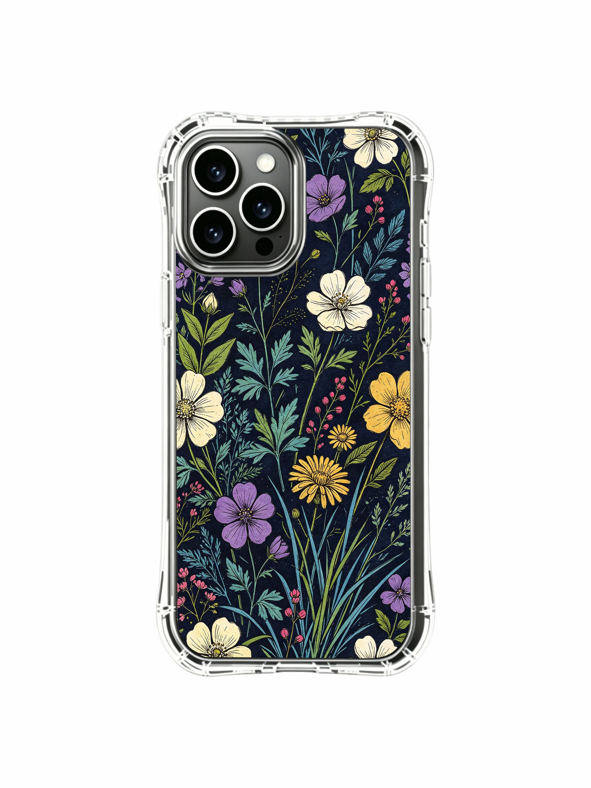 PhoneCasing iPhone 16 Pro Max Case featuring warm wildflower meadow art. Delicate blooms on a deep blue background, slim lightweight protective case