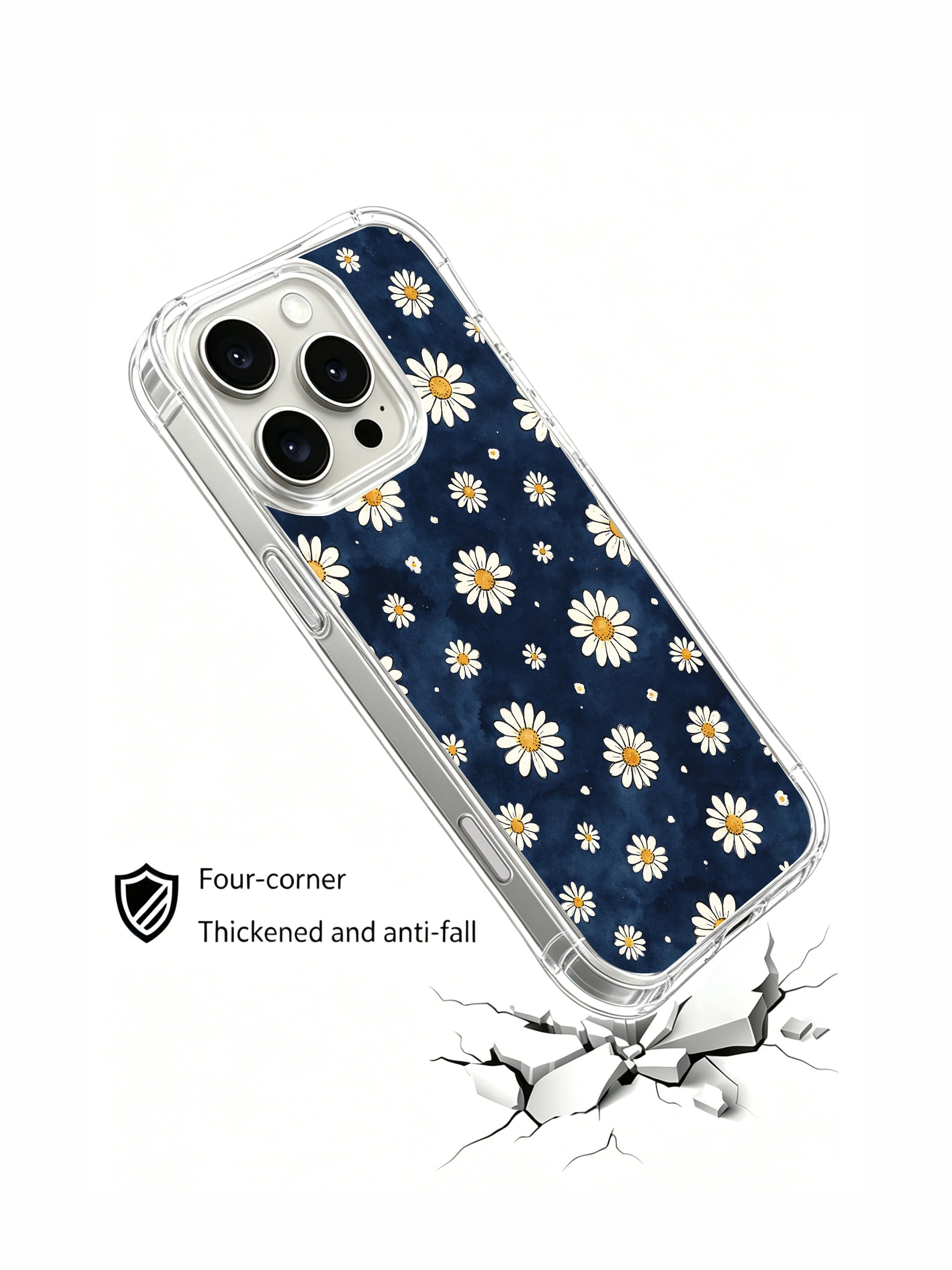 PhoneCasing iPhone 16 Pro Max Case featuring a delicate watercolor daisy print from Mira Bloomwell, a calm dreamy navy blue floral case made in California.