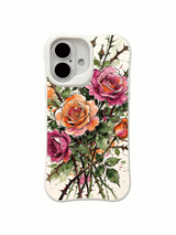 Watercolor-style rose splash artwork on an iPhone 16 case