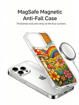 Wavy terrain with flowers and red spotted mushrooms artwork on an iPhone 16 Pro Max case